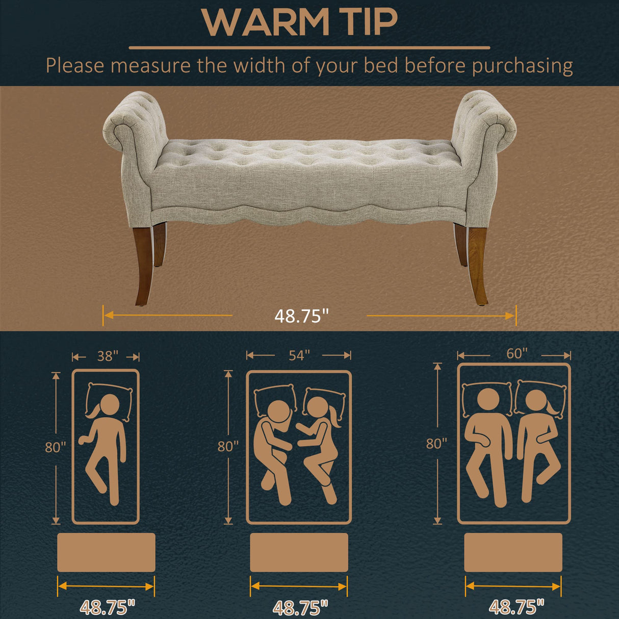 HOMCOM Traditional Style End of Bed Bench, Upholstered Entryway Bench with Button Tufted and Rounded Arm, Beige HOMCOM