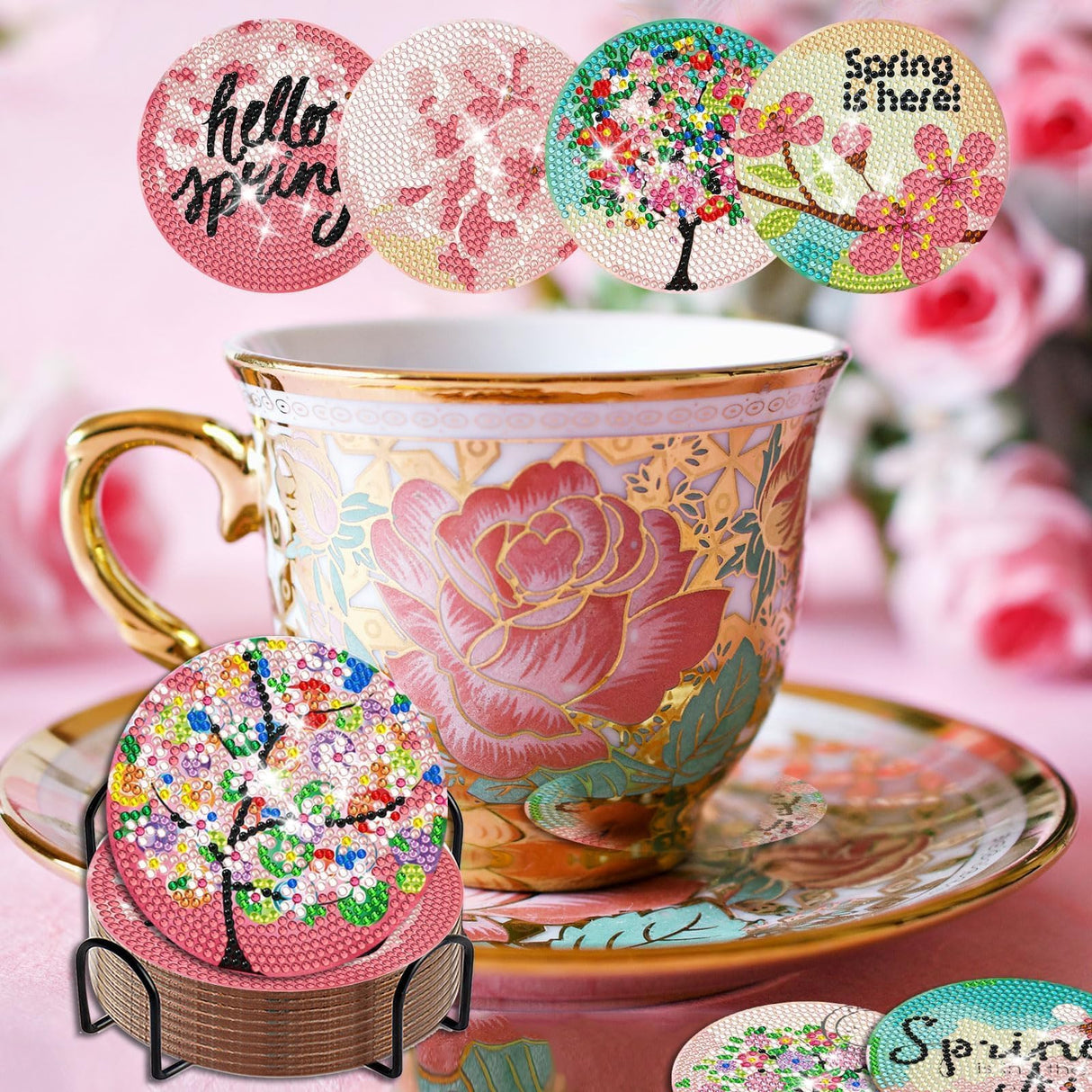 Denylo pro 8 Pcs Spring Tree Diamond Art Coasters Kits with Holder DIY Spring Tree Diamond Art Coaster for Gifts Beginner Adults Kids Art Table Home Craft Gift Supplies Denylo pro