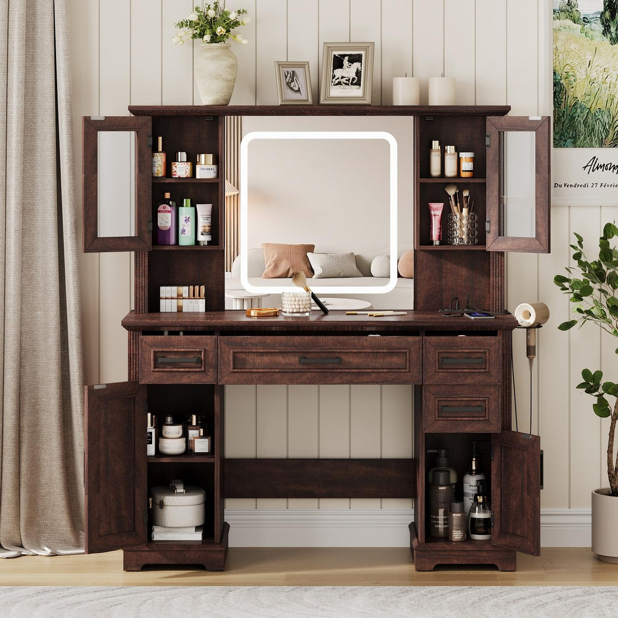 Maupvit Farmhouse Vanity Desk with Mirror and Lights, Makeup Vanity Table with Charging Station, 45" Bedroom Table with 4 Drawers and Cabinets, 3 Lighting Modes, Brown Maupvit