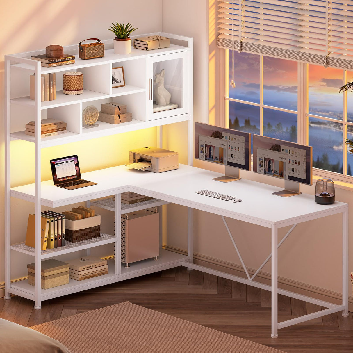 SEDETA L Shaped Computer Desk, 58'' Office Desk with LED Light and Bookshelf, L Shaped Corner Desk with Storage Shelves for Home Office, Gaming Desk, L Desk, White SEDETA