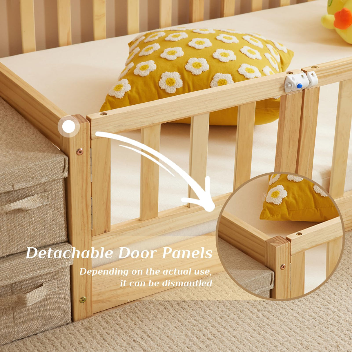 Karl home Toddler Floor Bed with Door and Fence for Kids, Montessori Bed with 12 Slats and Safety Guardrails,Kids Bed Solid Wood Twin Bed Frame for Girls, Boys (Natural) Karl home