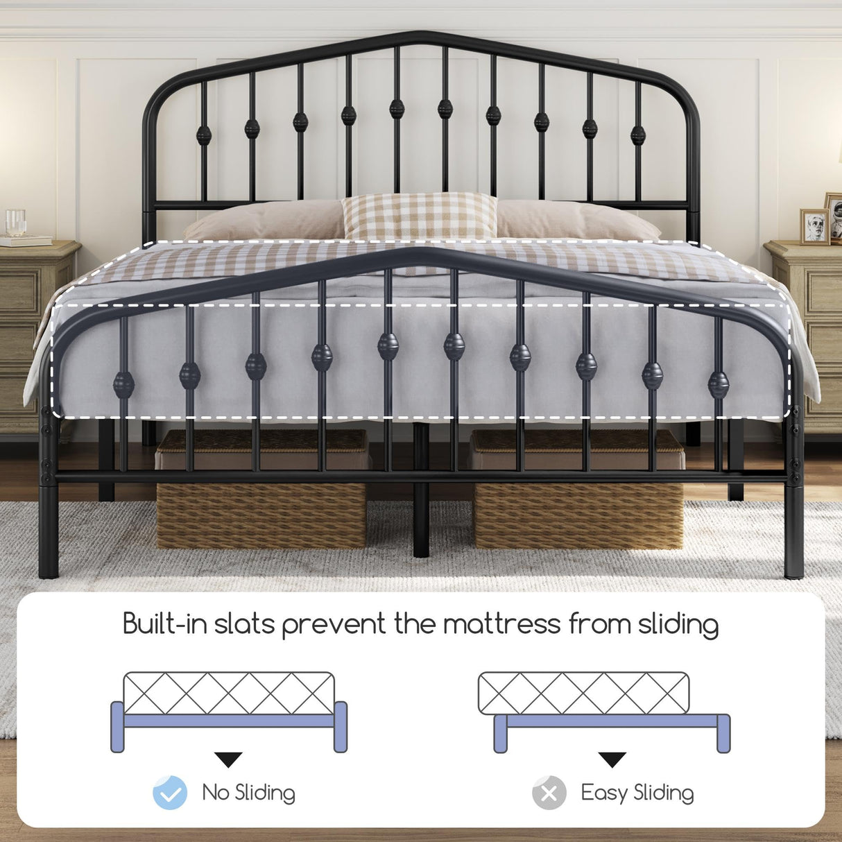 Elegant Victorian-Style Black Metal Queen Bed Frame with Crown Headboard and Easy Assembly Yaheetech
