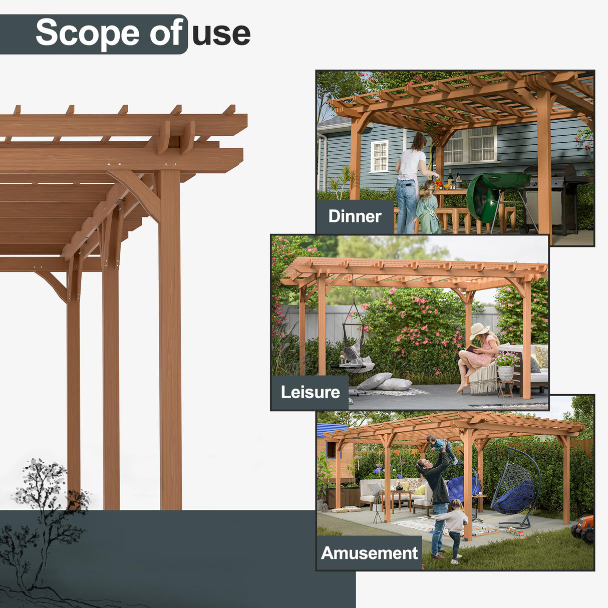 YOPTO 12x16 FT Outdoor Gazebo,Wooden Grape Pergola with Waterproof and Climbing Plant Support,Garden,Terrace,Backyard,Deck, Wind Protection Rating:Level 6,Brown YOPTO