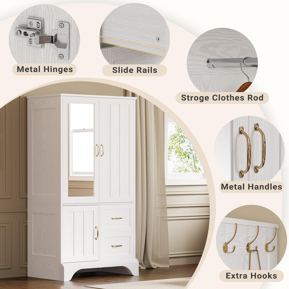 LIKIMIO Armoire Wardrobe Closet with Mirror and 3 Doors and 2 Drawers, Bedroom Wooden Armoire Storage Cabinet Combination with Hanging Rod for Bedroom, White LIKIMIO