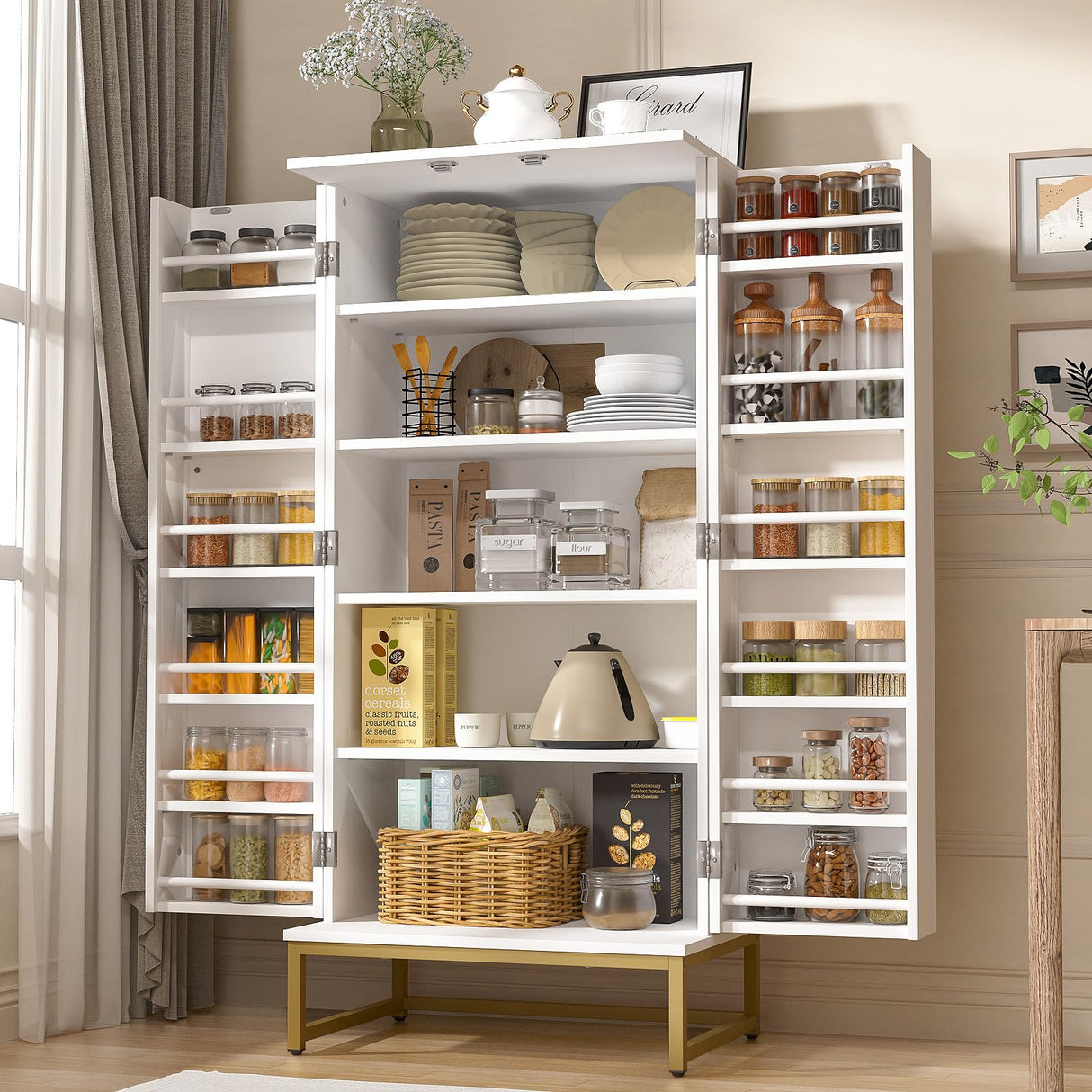 kepptory 51” Pantry Cabinets, White Freestanding Kitchen Pantry Storage Cabinet with Adjustable Shelves, Buffet Cupboards Storage Cabinet for Home Office Use, White + Gold kepptory