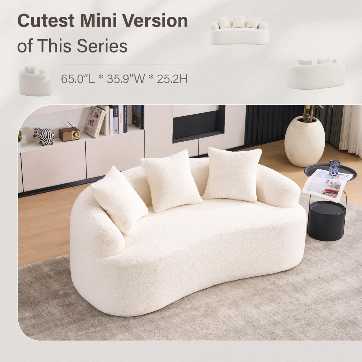 Olodumare Loveseat Sectional Sofa for Living Room, 65’’ Modern Luxury Plush Chenille Extra Deep Seat Curved Cloud Floor Couch with 3 Throw Pillows for Small Spaces, No Assembly Needed, Cream White Olodumare