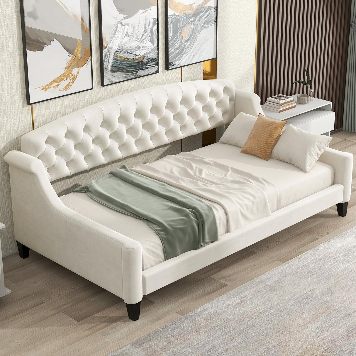 Merax Twin Size Modern Luxury Tufted Button Daybed, Upholstered Twin Daybed Frame, Sofa Bed for Bedroom, Living Room, Twin, Beige Merax