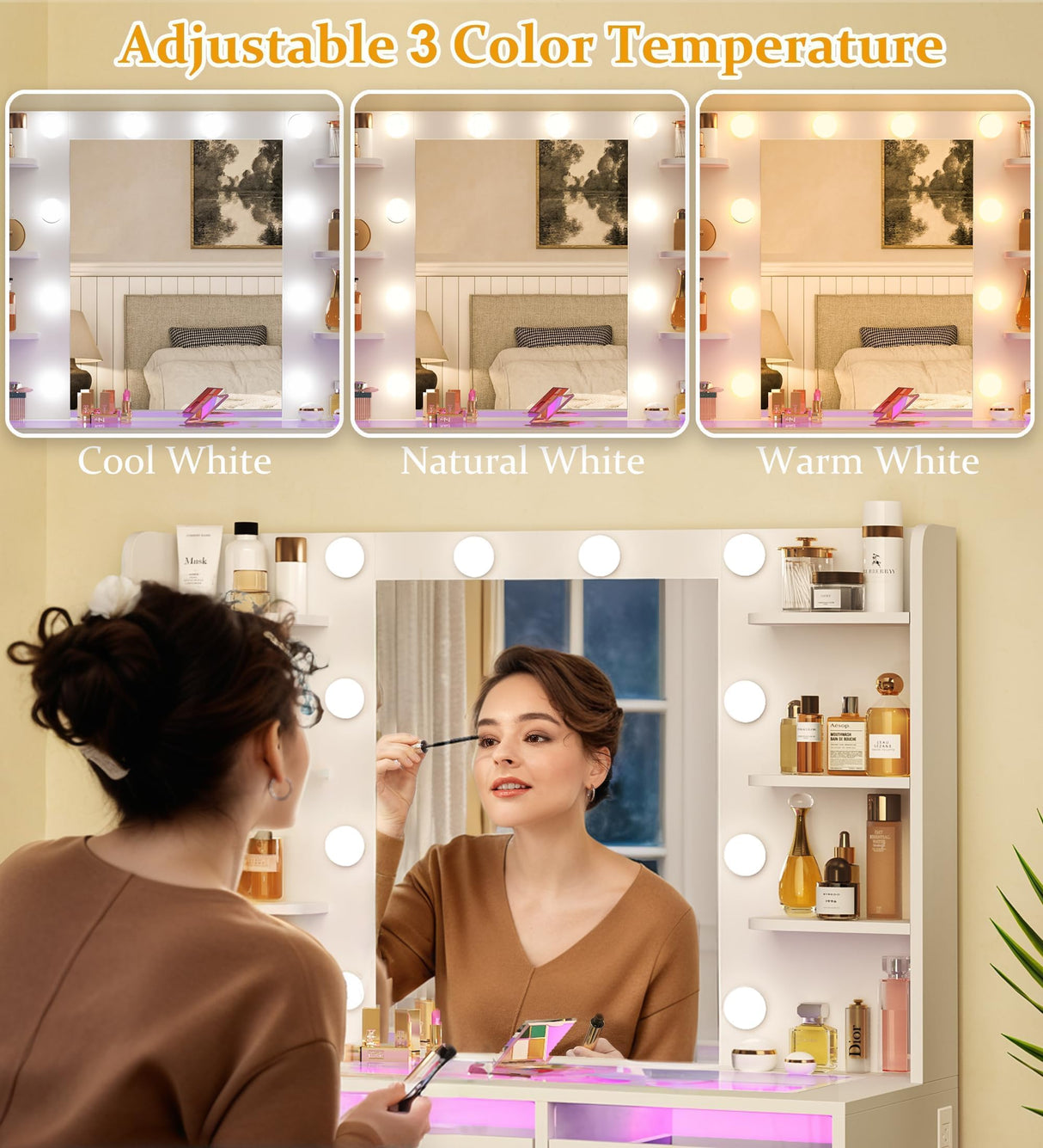 HUAHUU Vanity Desk with Mirror and Lights, Makeup Vanity Desk with Lights 3 Colors, Transparent Top Vanity with 2 RGB Drawers, 6 Shelves, Large Tempered Cabinet, Power Outlet, for Bedroom, White HUAHUU