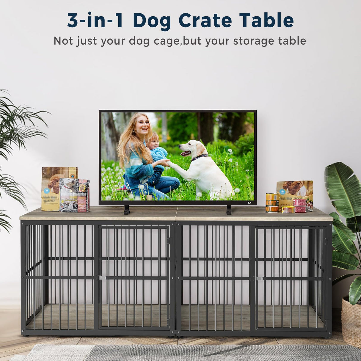Lyromix 86.62''Dog Crate Furniture Large Breed TV Stand with Double Rooms,Wooden Dog Kennel Dog Crate End Table with Removable Divider for Large Medium Dogs, Can Use Separately Lyromix
