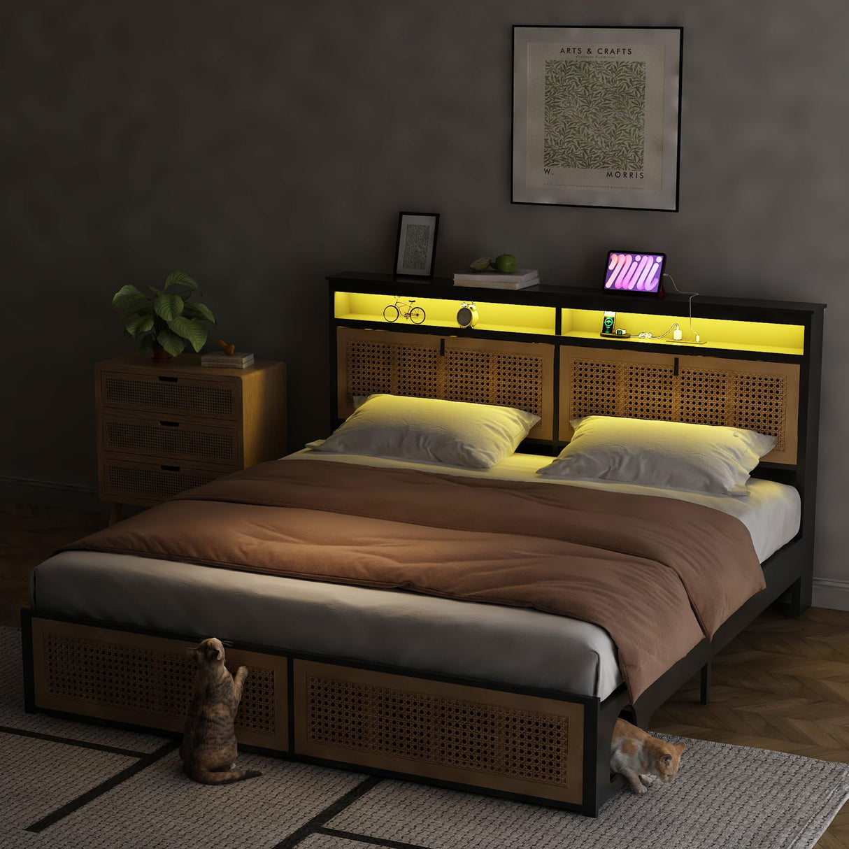affeivul Boho Bed Frame Queen Size with Headboard, Rattan Bed Frame with Led Lights, Farmhouse Bed Frame with Storage, Charging Station and Cat Cabinet, NO Box Spring Needed, Metal and Wood Combine affeivul