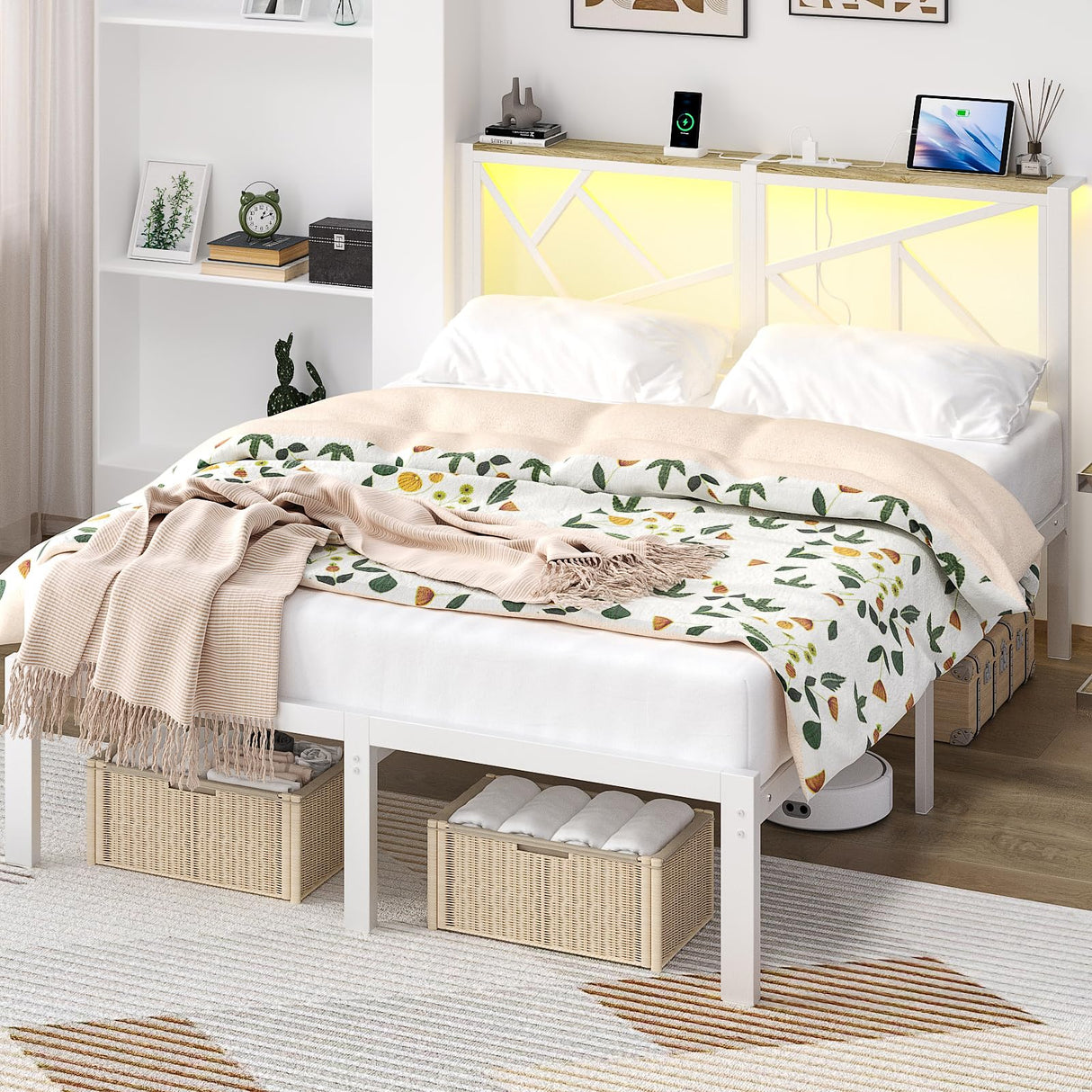 ChicZhiNest Queen White Metal Bed Frame with USB Charging Station, LED Ambient Lighting, and Wooden Storage Headboard - Includes Under-Bed Storage, No Box Spring Needed, Noise Free, Easy to Assemble ChicZhiNest