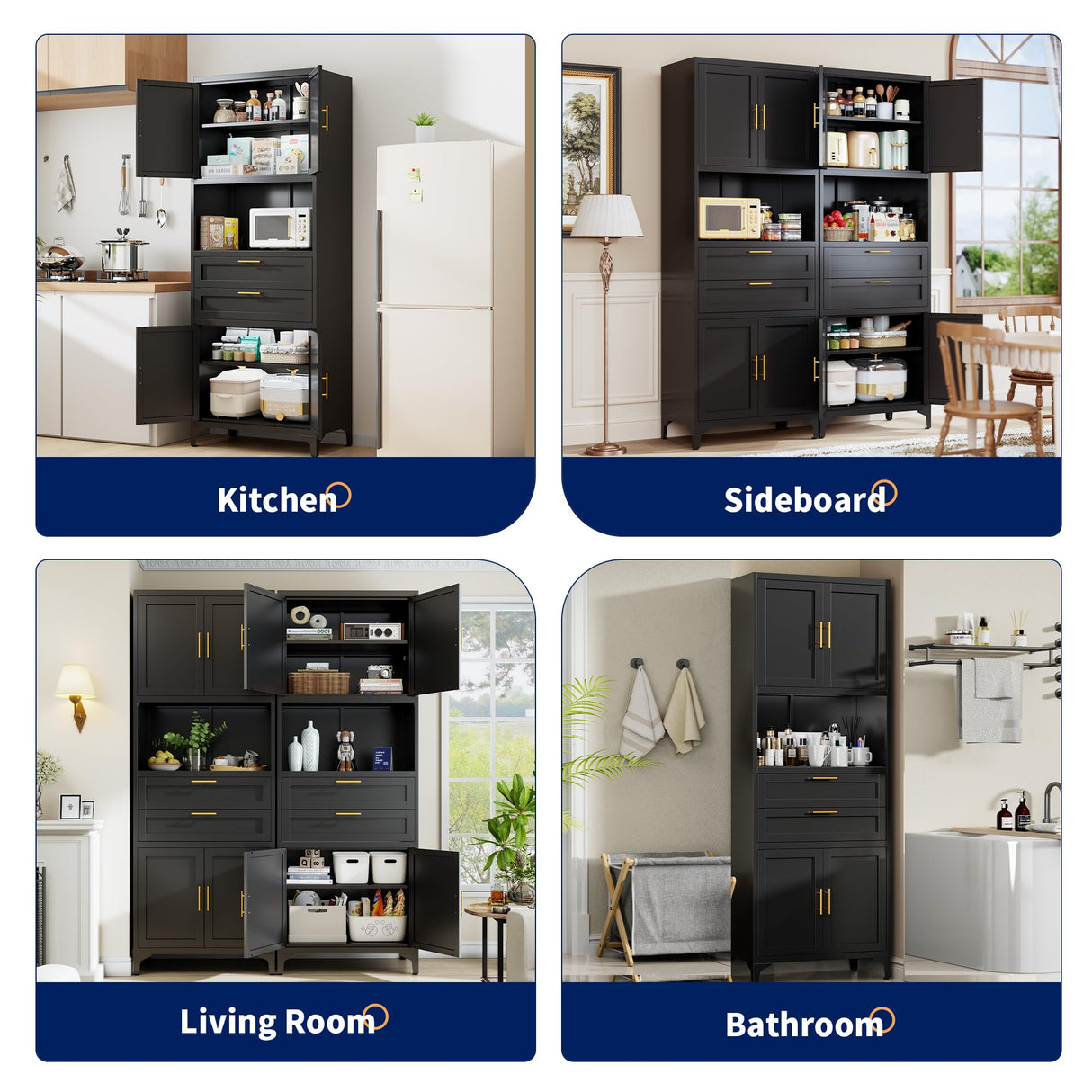 ZLBRDS 75” Tall Kitchen Pantry Storage Cabinet, Metal Storage Cabinet with 2 Drawers and Adjustable Shelves, Kitchen Pantry Cupboard, Freestanding Cupboard for Bathroom, Living Room(Black) ZLBRDS