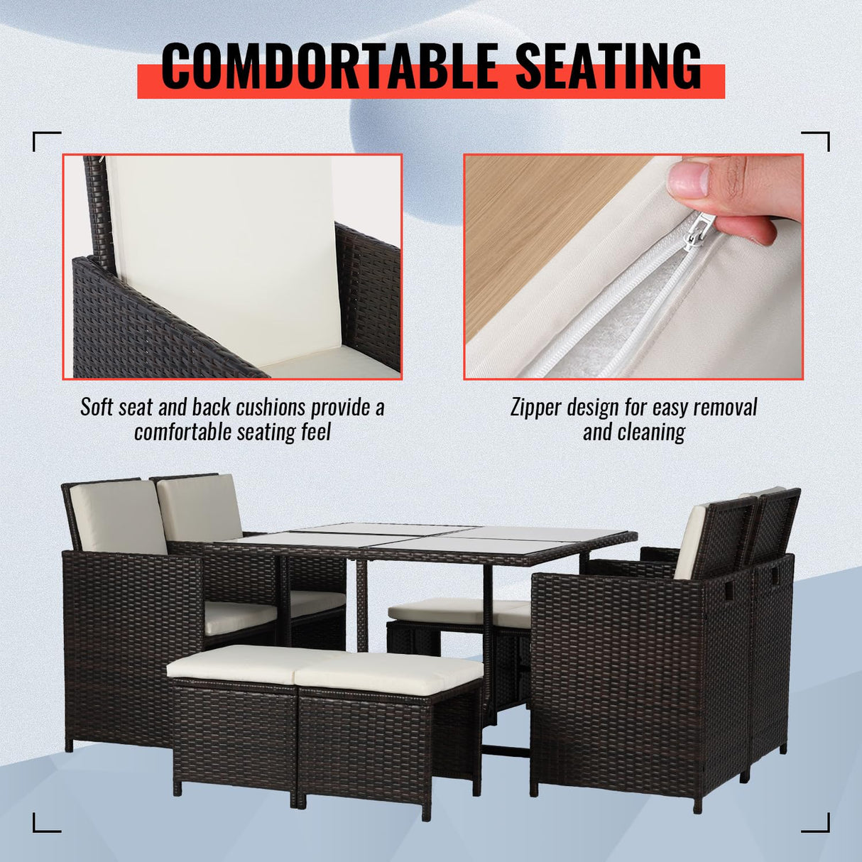 Outdoor Patio Furniture Set 9 Pieces Patio Dining Sets Space Saving Wicker Furniture with 4 Rattan Chairs 4 Ottomans and Glass Table for Outdoor Backyard Porch Poolside Balcony,Khaki Cushion PayLessHere