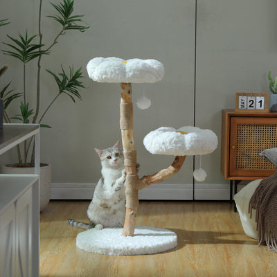 MUTTROS Wood Flower Cat Tree, Modern Cat Tower with Real Wood Branches, Luxury Boho Furniture with Scratching Post and 2 Perches, Cat Climbing Tower for Indoor Cats, Cloud White