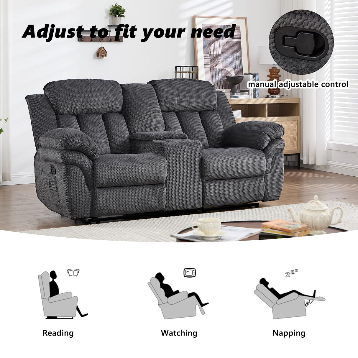 CANMOV Recliner Sofa Set, Manual Recliner Loveseat with Overstuffed Armrest for Living Room,Bedroom Furniture,Office,2 Seat Grey CANMOV