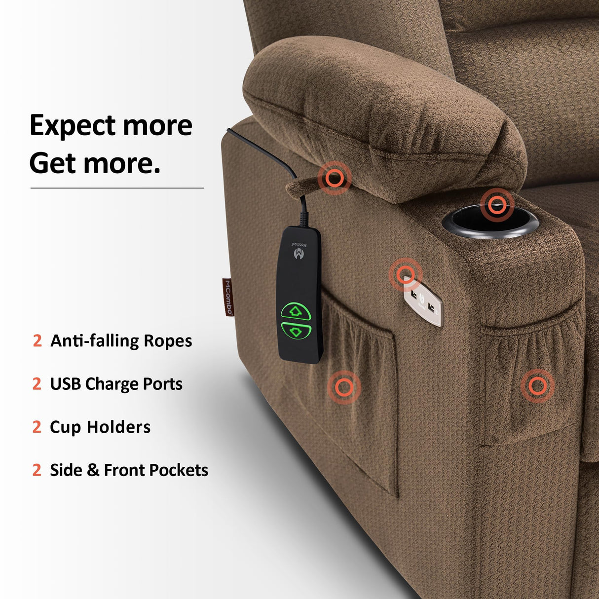 MCombo Large Power Lift Recliner Chair Sofa with Massage and Heat for Big and Tall Elderly People, 3 Positions, Cup Holders, and USB Ports, Fabric 7549 (Large, Brown) MCombo