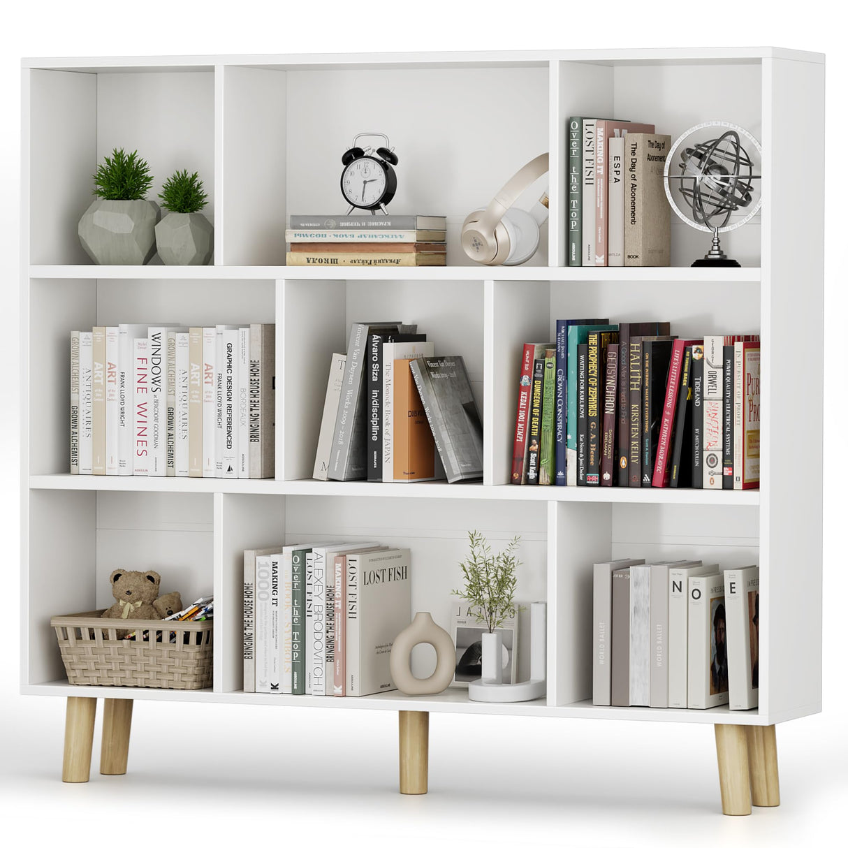 Furniwell 9 Cube Bookcase & Bookshelf, 3 Tier Storage Organizer with Legs, Freestanding Open Frame Book Shelves for Living Room, Office, White Furniwell