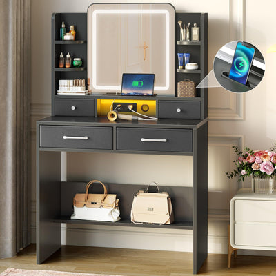 GREENSTELL Vanity Desk with Mirror and Lights, Makeup Vanity with 11.6" Groove Phone Stand & Charging Station, 12 Storage Area, 3 Color Lights Modes, Dressing Makeup Table, 31.5 inch, Black