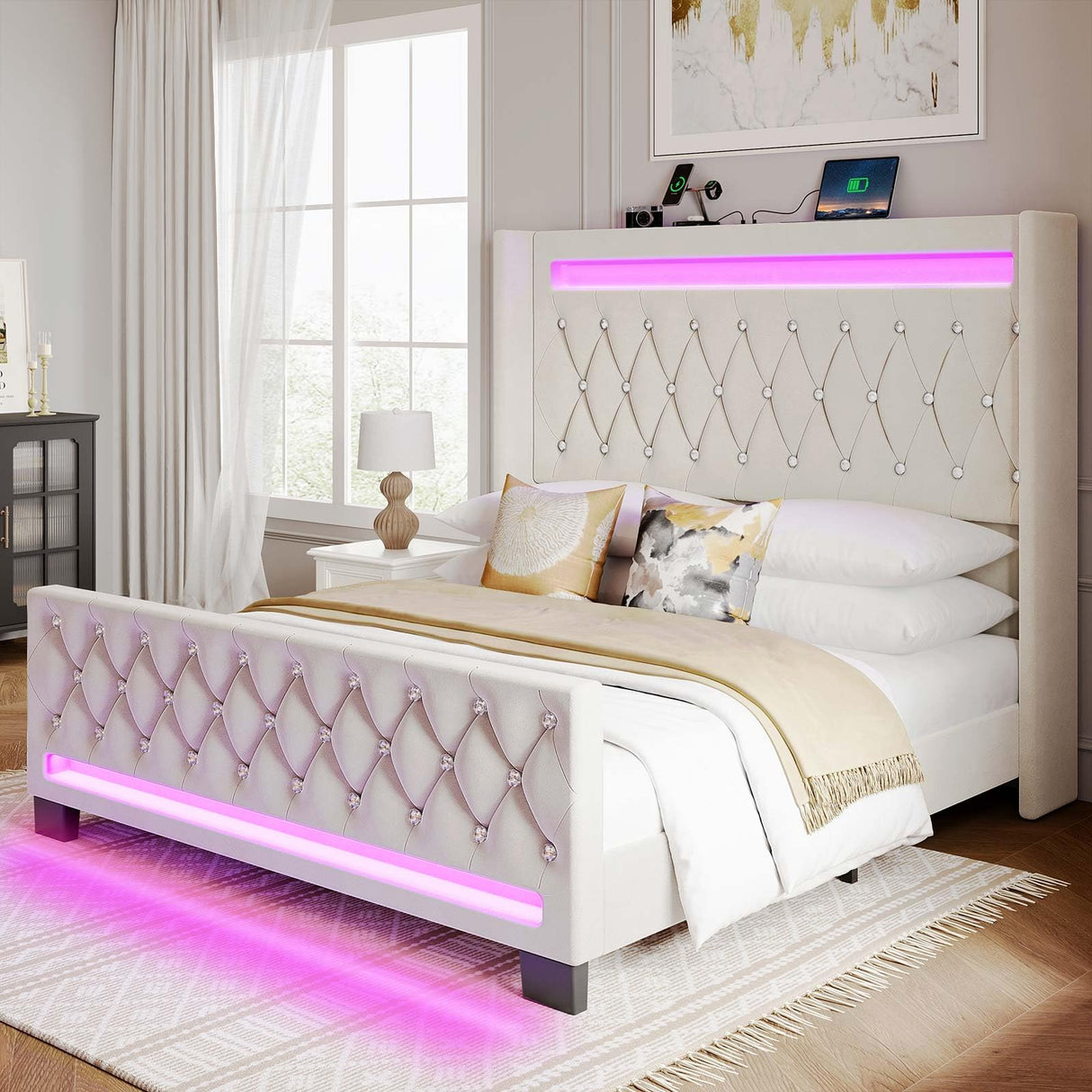 Rolanstar Full Bed Frame with LED Light and Charging Station, Upholstered High Headboard and Footboard, Wood Slats, Noise Free, Easy Assembly, Beige Rolanstar