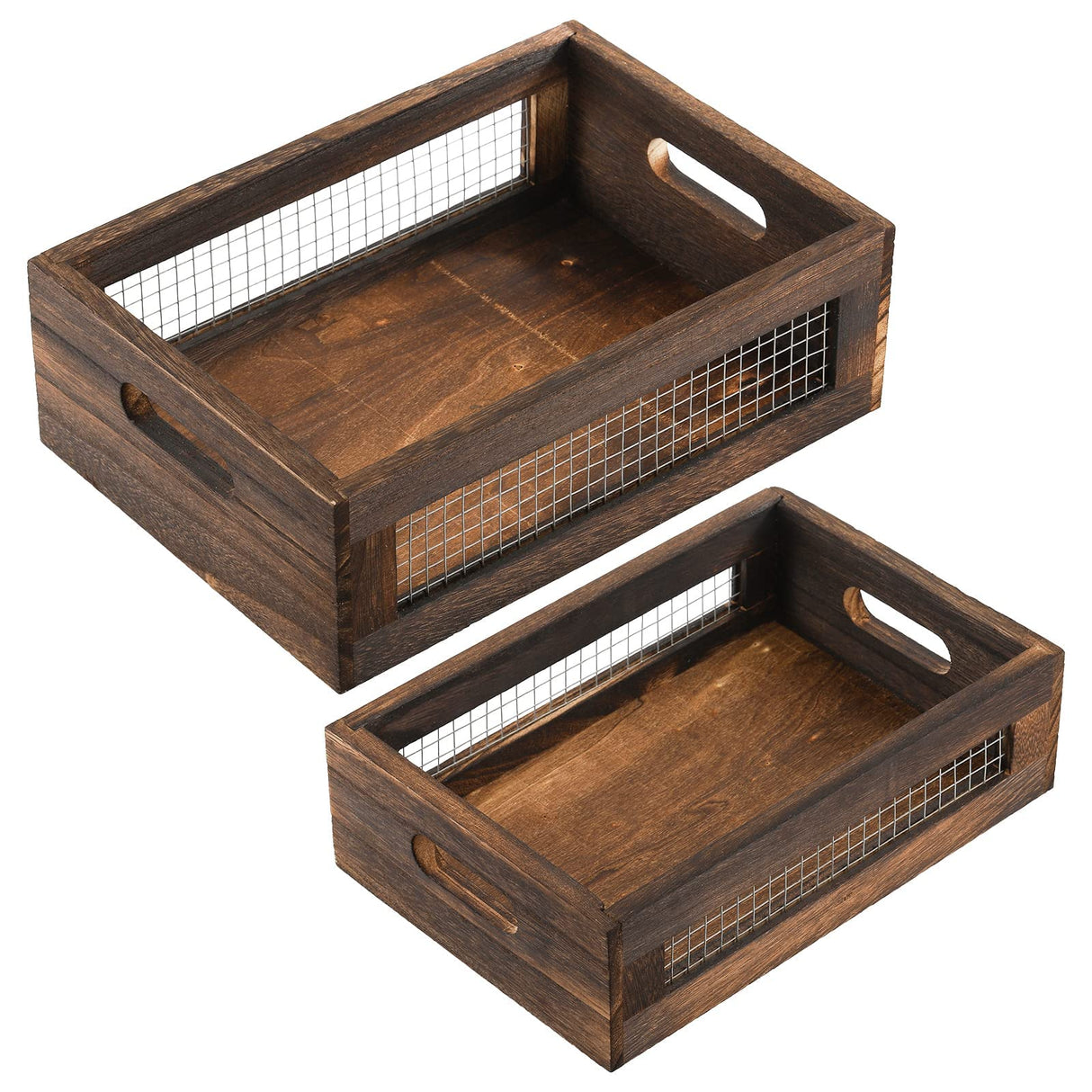 Dicunoy Set of 2 Rustic Nesting Boxes, Wooden Organizer Crates Basket, Small Decorative Wood Wire Containers with Handle for Countertop, Fruit, Veggies, Kitchen, Bathroom, Pantry Storage, Gift Basket Dicunoy