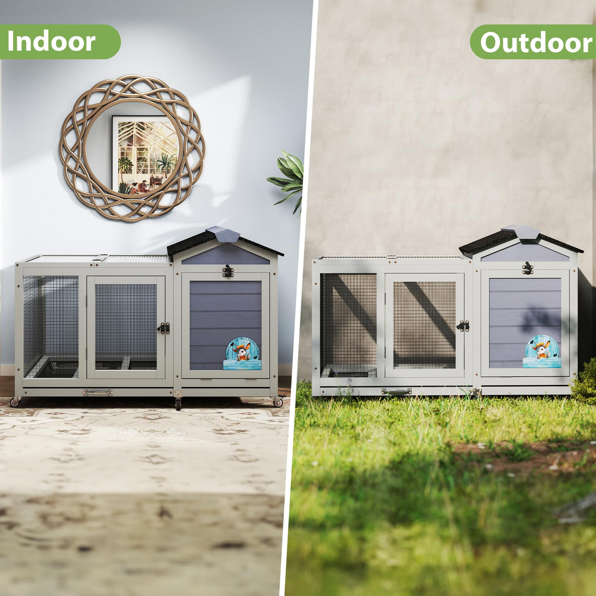 COZIWOW 39inches Fashion Wood Rabbit Hutch Indoor,Wide Space Small Animal Houses Habitats with Removable Tray&Safety Lock,Bunny Cage with Waterproof Roof&Solar Panels (Grey) COZIWOW