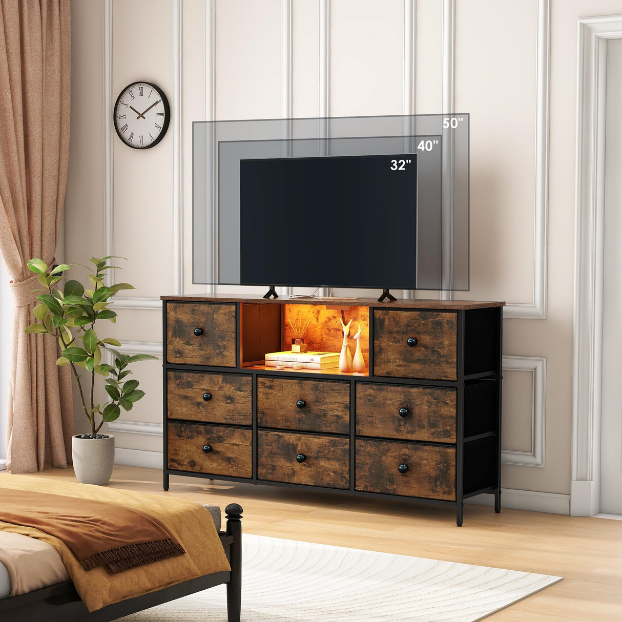 LYNCOHOME Dresser with Power Outlets and LED Lights, Dresser TV Stand with 8 Drawers, Fabric Chest of Drawers for Bedroom, Living Room, Entryway, Sepia Print LYNCOHOME