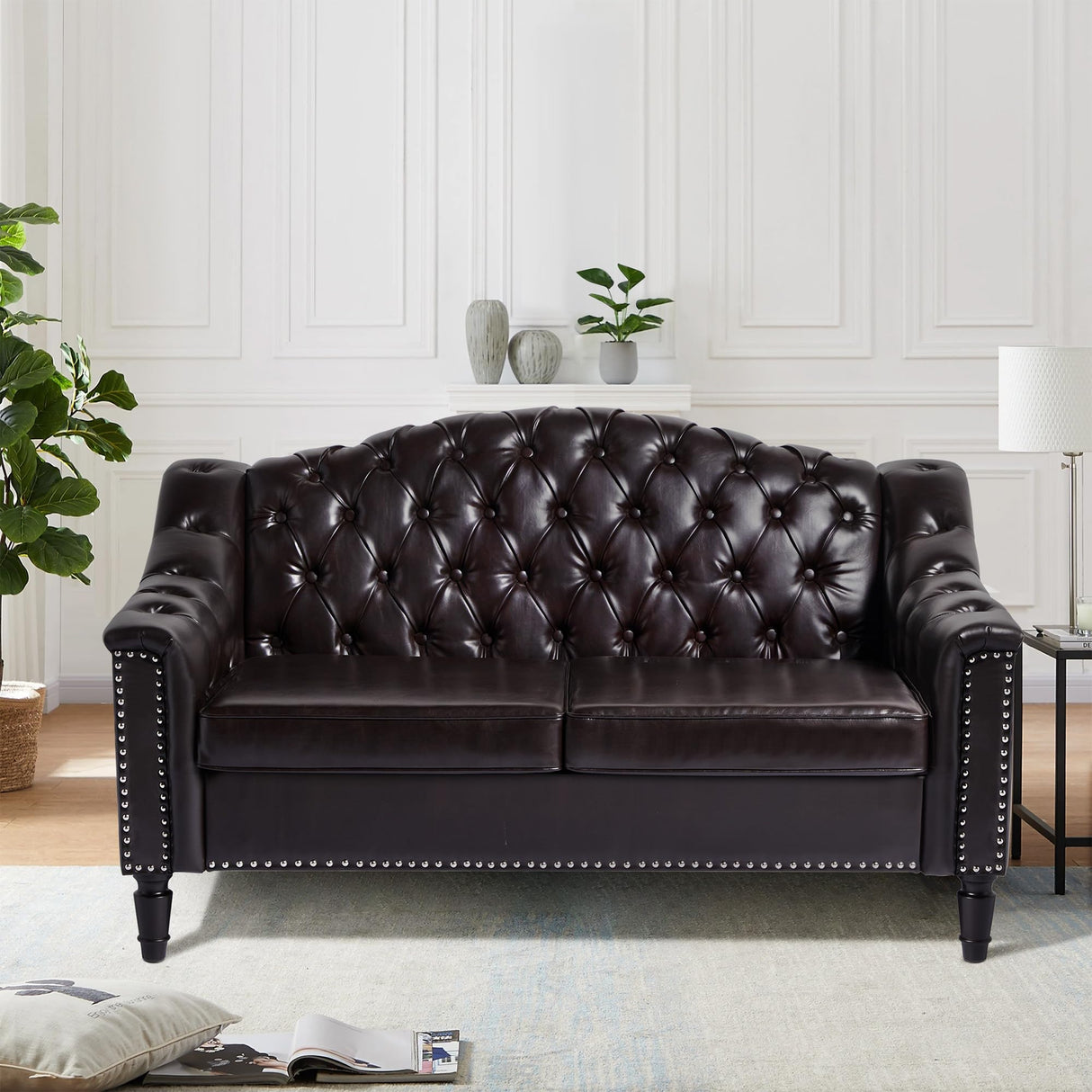 Chesterfield Loveseat, 55" Leather Love Seat Sofa, Comy Small Sofa Counch with Camelback for Small Spaces, Mid Century Modern 2 Deep Seats Couch for Apartment Living Room, Bedroom (PU-Loveseat, Brown) SUJOUCRAFT