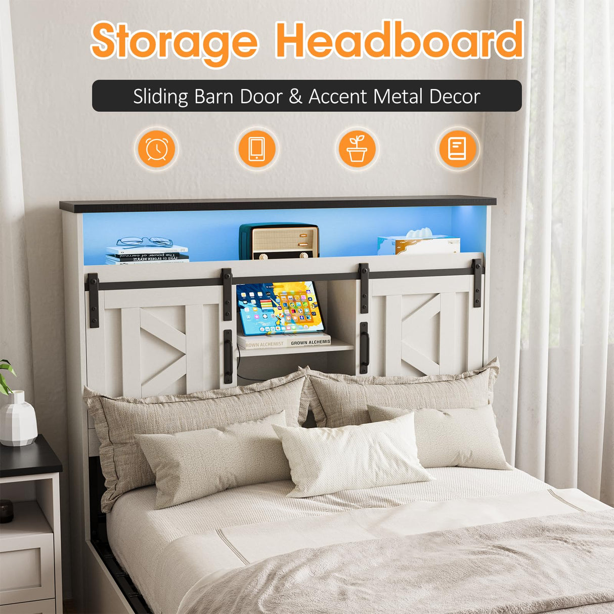 Fameill Farmhouse Twin Size Bed Frame with 4 Drawers and Bookcase Headboard, Sliding Barn Door Storage Shelves, LED Lights and Charging Station, No Box Spring Needed, Antique White Fameill