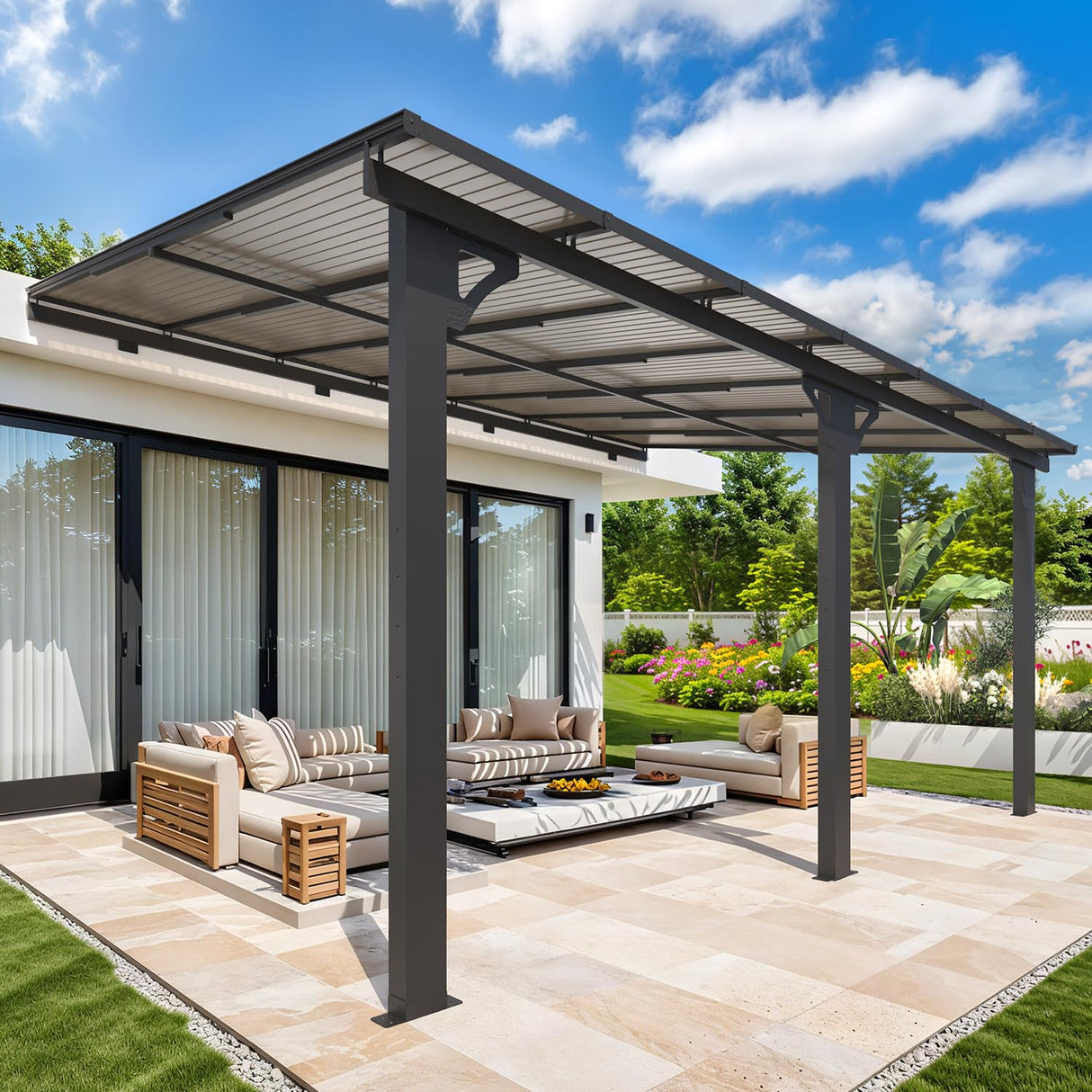AECOJOY 10' x 14' Adjustable Height Outdoor Lean to Gazebo Pergola for Patio, Large Wall-Mounted 8.1-9.8 Ft Hard Top Metal Heavy Duty Metal Awnings Shelter Pergolas and Gazebos Clearance with Roof AECOJOY