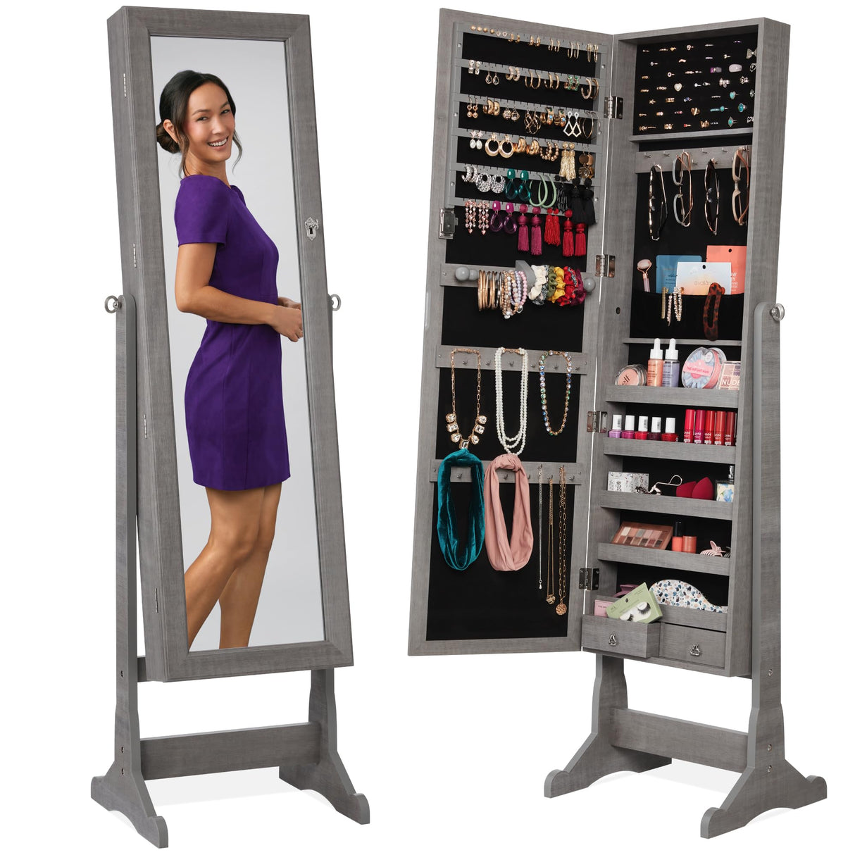 Best Choice Products Freestanding Jewelry Armoire Cabinet, Full Length Standing Mirror, Lockable Makeup Storage Organizer, w/Velvet Lining, 3 Angles, Lock, Accessory Pouch, 5 Shelves - Gray Oak Best Choice Products