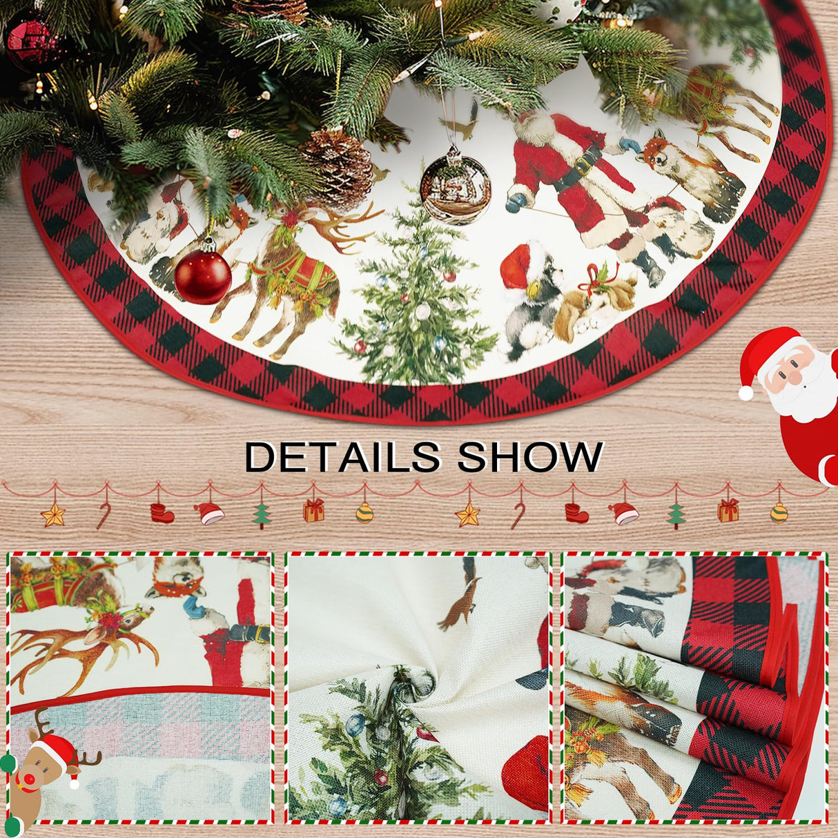 Christmas Tree Skirt 48 Inch Santa Claus Peace Love Xmas Tree Mat Decoration Winter Xmas Holiday Ornaments Home Party Decorations (Beige, 48x48 inch) Mocsicka