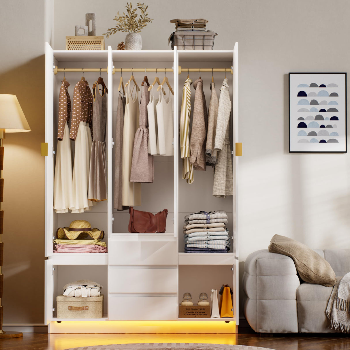 PAKASEPT 4 Doors Armoire Wardrobe Closet with Led Light & Mirror, Bedroom Large Capacity Freestanding Armoire Wardrobe with Drawers, Storage Cabinet with Hanging Rod Storage Closet for Bedroom PAKASEPT