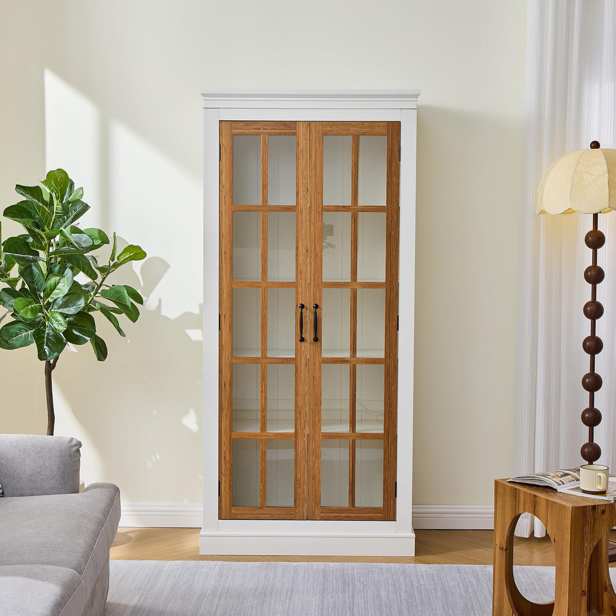 Polibi 71.2" Rustic Display Cabinet with Glass Doors - Curio China Cabinet for Collectibles, Books & Decor, Adjustable Shelves, Fits Living Room, Kitchen, Hallway or Office, White+Brown Polibi