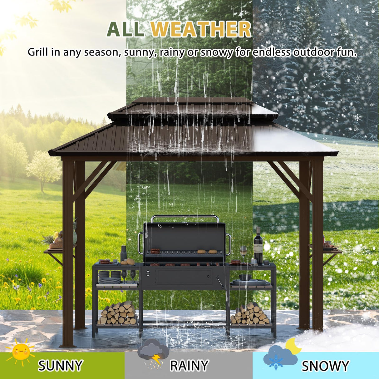 EROMMY 6' x 10' Hardtop Grill Gazebo, Outdoor Metal BBQ Gazebo with Double Galvanized Steel Roof, Permanent Grill Canopy with Side Shelves and Ceiling Hooks for Patio Deck Lawn Backyard Garden (Brown) EROMMY