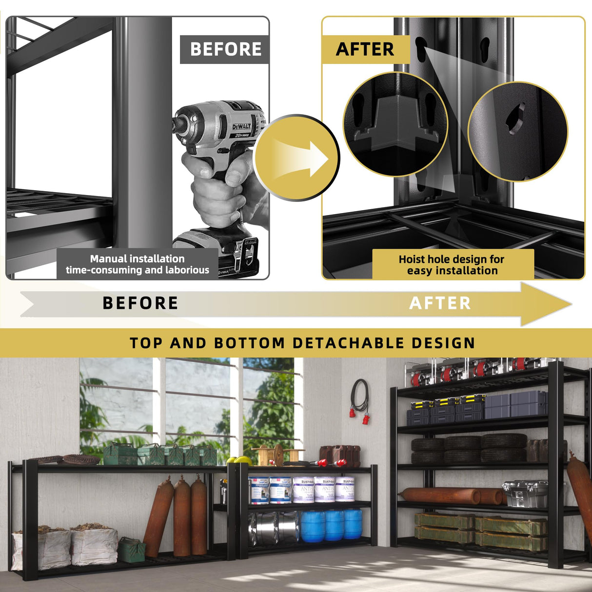 Heavy Duty Garage Shelving Unit with Wire Grid Shelves, 76.6" H x 60" W x 24" D, 5-Tier Adjustable Metal Shelving, Industrial Garage Storage Shelf for Heavy Duty Shelving, Storage Room, Basement-3Pack WOZBUD