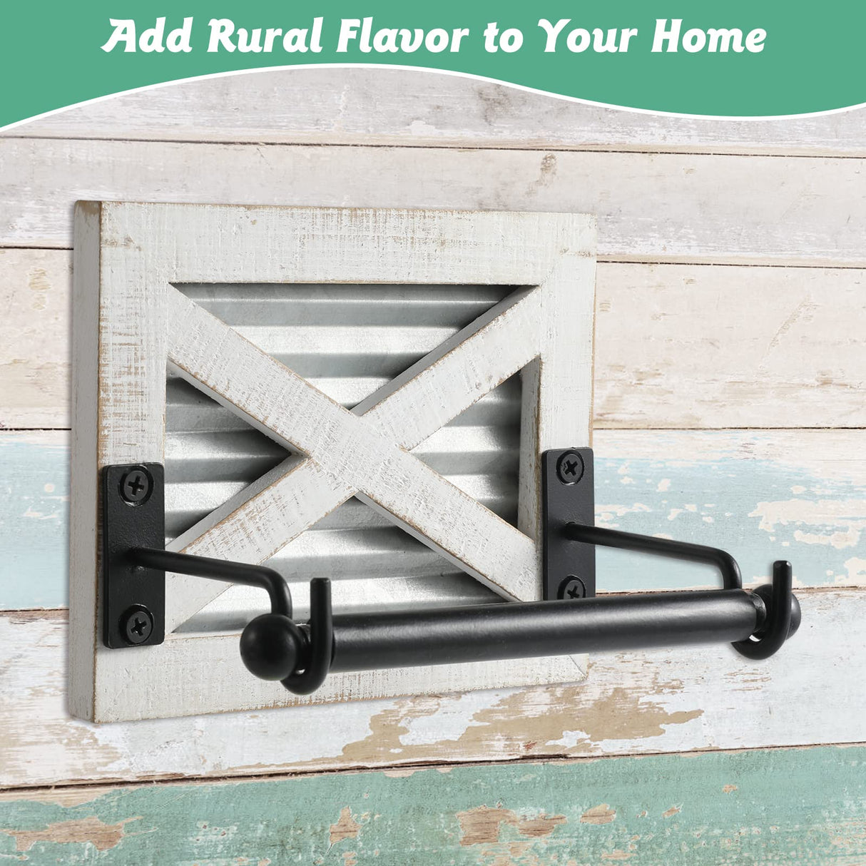 Farmhouse Toilet Paper Holder with Galvanized Metal& Black Metal - Rustic Weathered White Wood Wall Mount Toilet Roll Holder for Bathroom Decor KULEDM