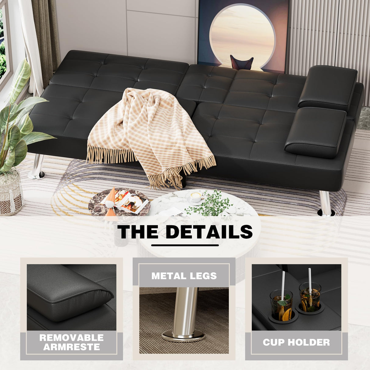 JUMMICO Faux Leather Futon Sofa Bed Futon Couch with Removable Armrests Adjustable Sleeper Sofa Bed with 2 Cup Holders for Living Room (PU Leather, Black) JUMMICO