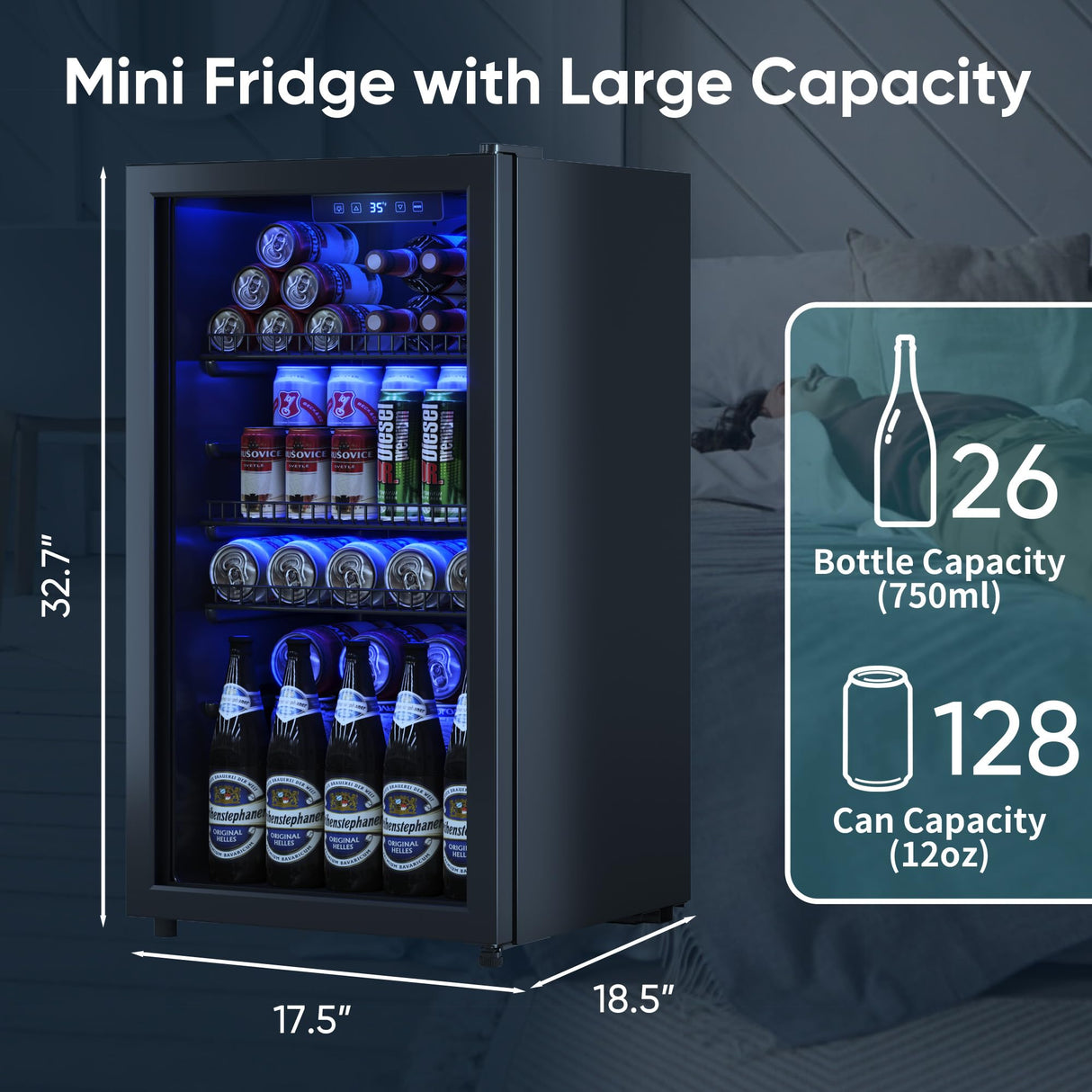 Tehanld Beverage Fridge, Mini Fridge With Glass Door, Beverage Cooler Refrigerator, Wine Drink Beer Fridge, Adjustable Shelves & Digital Temperature Display Tehanld