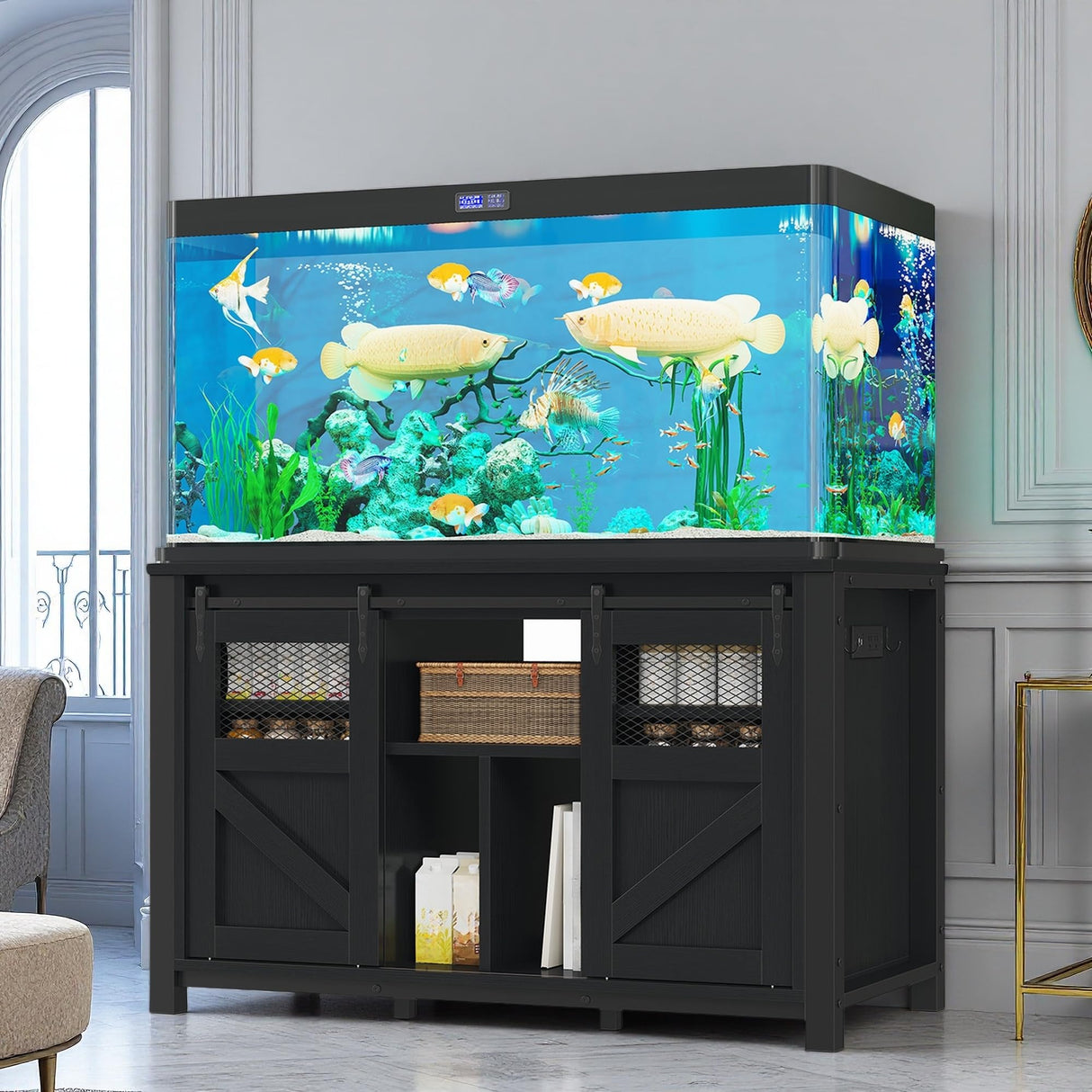 DWVO 120 Gallon Aquarium Stand with Power Outlets, Heavy Duty Metal Fish Tank Stand & Cabinet, Reptile Terrarium Table with 1100LBS Capacity for Aquarium Accessories Storage, Black DWVO