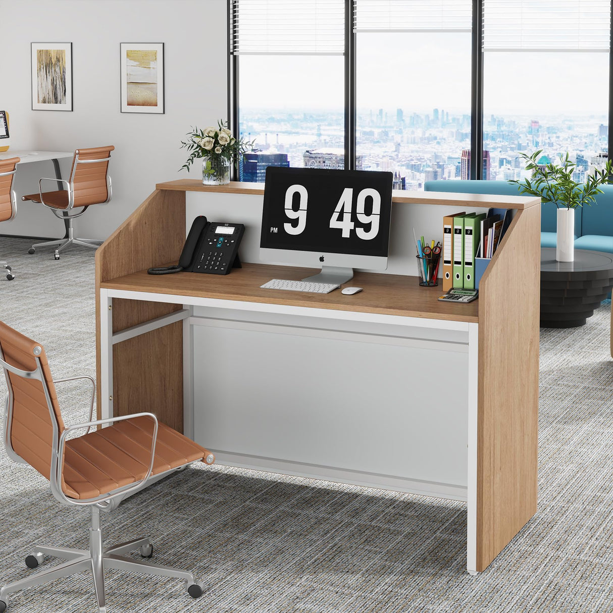 Tribesigns Reception Desk with Counter, Modern Front Desk Reception Room Table with Cable Grommet, 47 inch Retail Counter for Checkout, Lobby, Beauty Salon, Home Office Desk, Oak Tribesigns