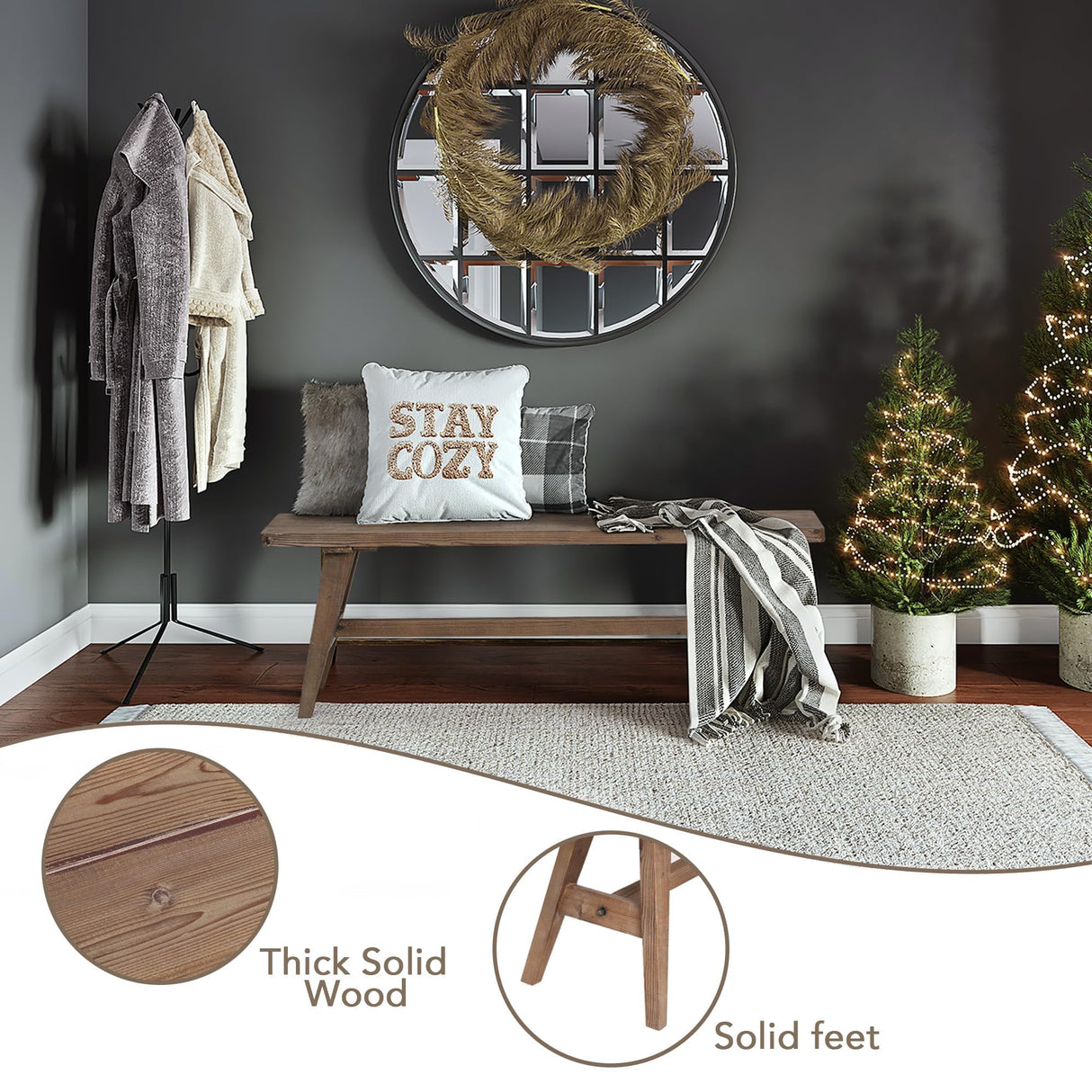 Wnutrees 47" Farmhouse Wood Bench, Dining Room Bench, Entryway Bench for Living Dining Room, Solid Wood, Easy to Assemble, Brown Wnutrees