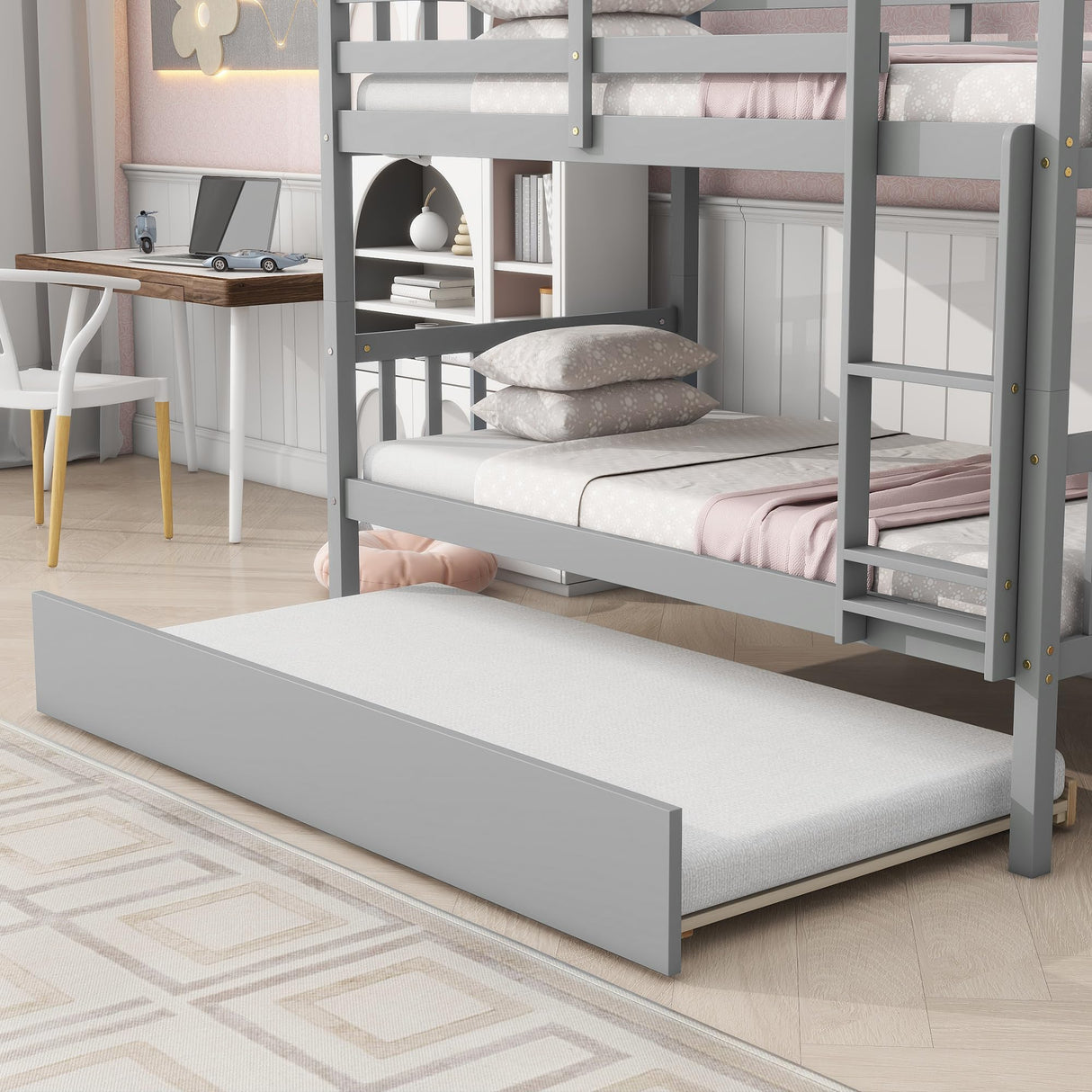 WIILAYOK Twin Over Twin Bunk Bed with Trundle, Convertible to 2 Twin Size Platform Bed, Twin Size Bunk Bed with Ladder and Safety Rails for Kids, Teens, Adults, Grey WIILAYOK
