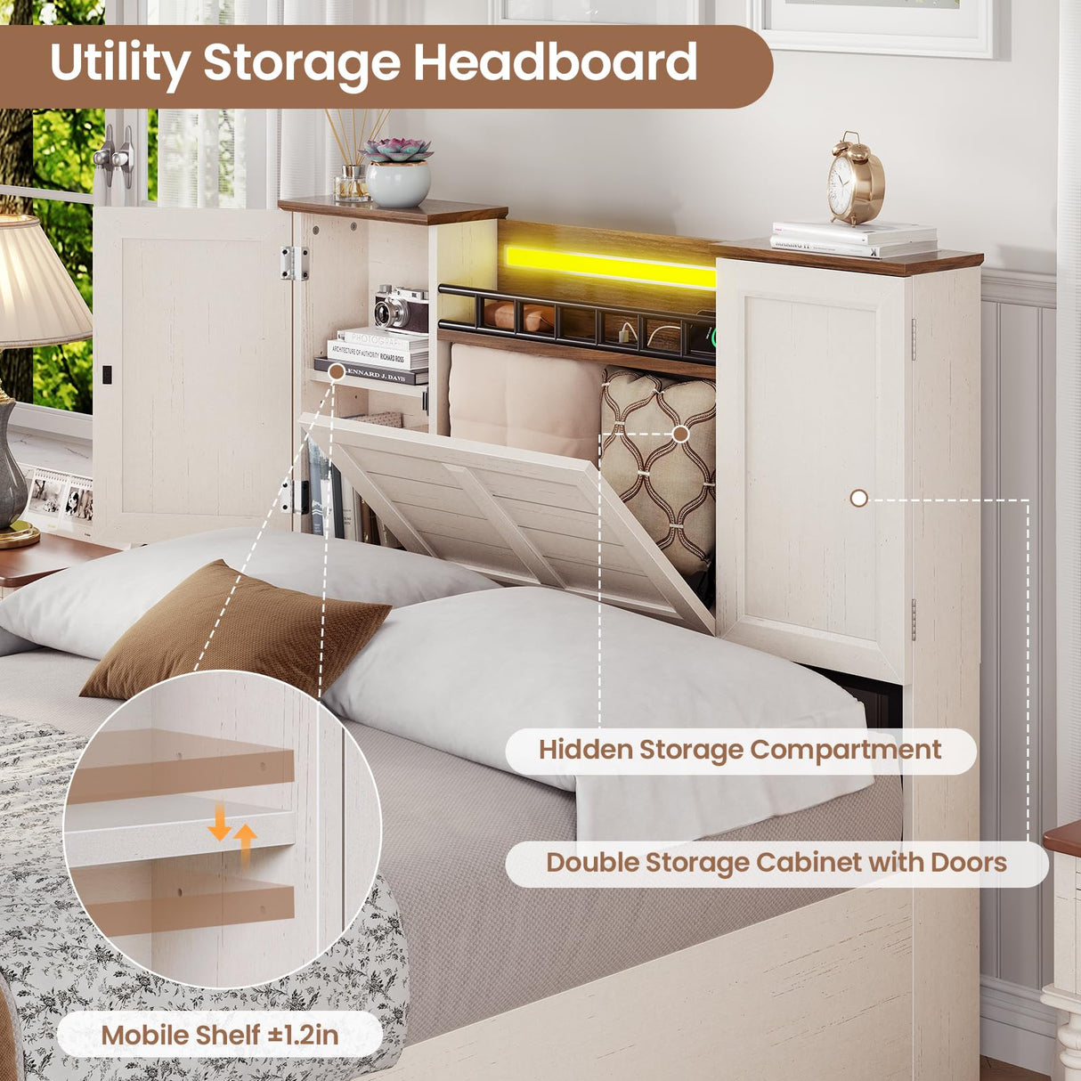 VIAGDO Farmhouse Twin Bed Frames with Headboard and Double Barn Door Storage Cabinets, Rustic Wooden Bed Frame Twin Size with Charging Station, 4 Drawers and LED Lights, No Box Spring Needed, White VIAGDO