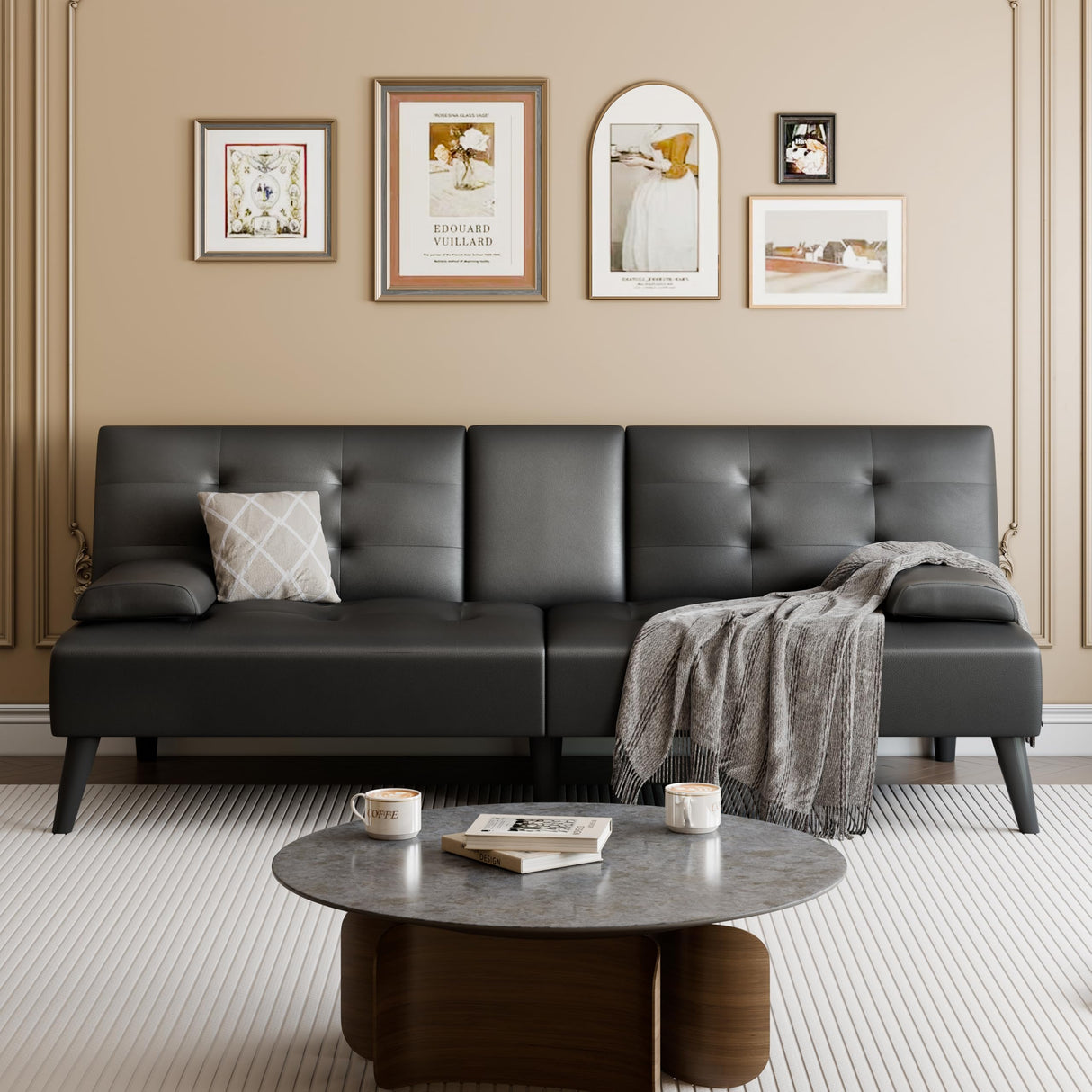 Meilocar Convertible Futon Sofa Bed Couch, Modern Folding Futon Set, Adjustable Recliner Sofa Bed for Living Room, 2 Cup Holders, Removable Armrest, 3 Angles (PU Leather, Black) Meilocar