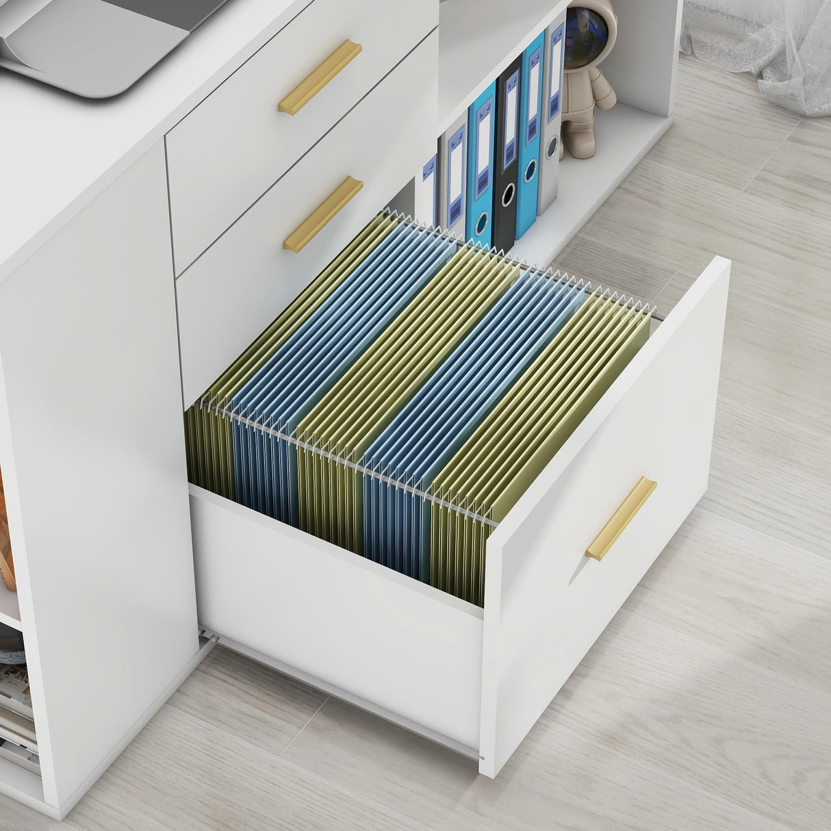 L Shaped Desk with 5 Drawers Modern Executive Desk Wood Home Office Desk with Adjustable Shelves, 55 Inch Large Computer Desk Writing Table with File Storage Cabinet for Home Office Halitaa