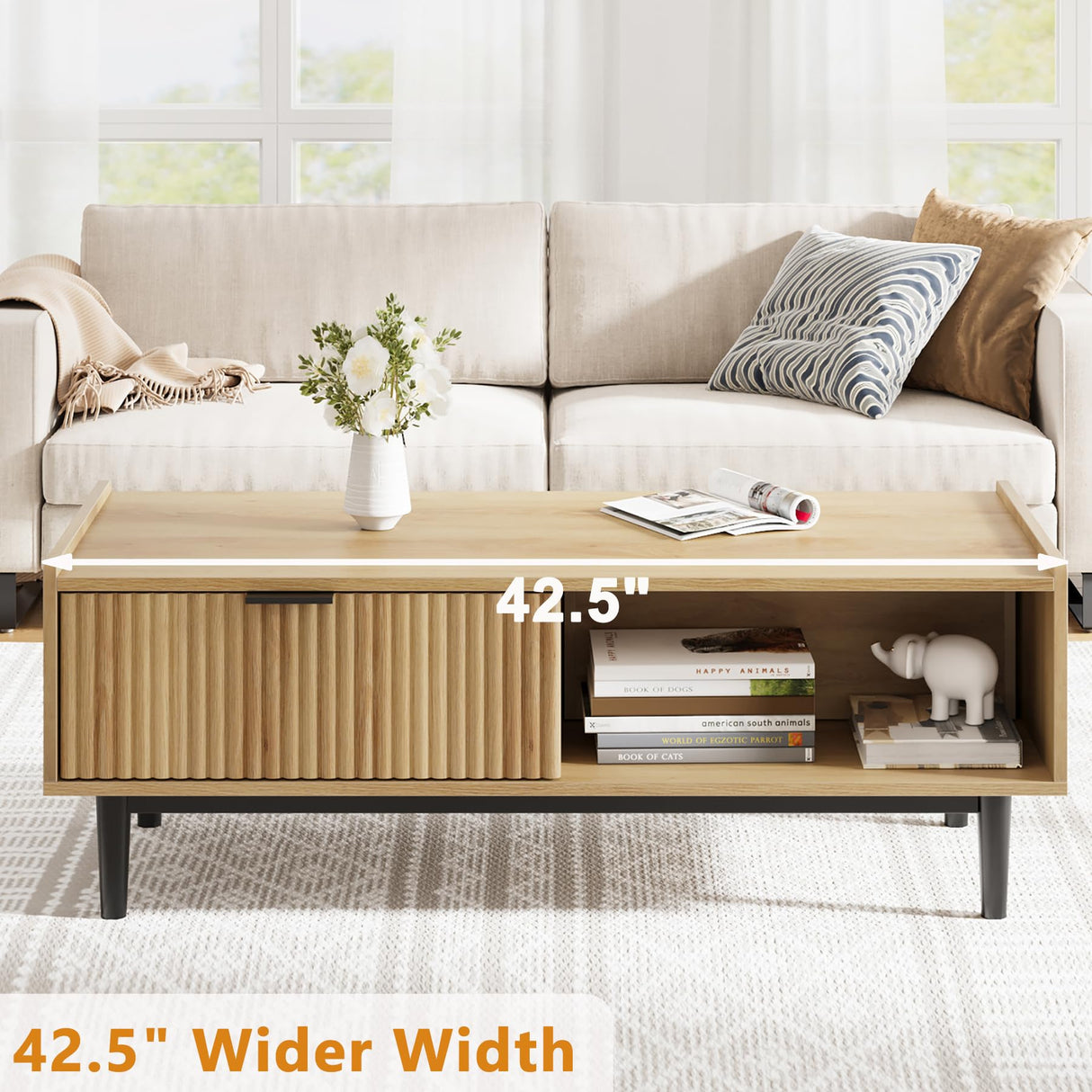 IDEALHOUSE Coffee Table Mid Century Modern Center Table with Drawer 42.5" Fluted Living Room Table with Storage Light Wood Cocktail Table with Open Shelf Rectangle Coffee Table Easy Assembly IDEALHOUSE