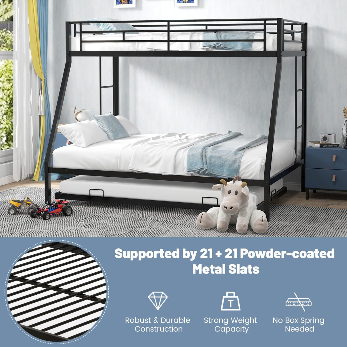 KOMFOTT Twin Over Full Bunk Bed with Trundle, Heavy-Duty Metal Bunk Bed Frame with Guardrail & 2 Ladders, Space-Saving Bunk Bed for Kids/Teens/Adults, No Box Spring Needed KOMFOTT