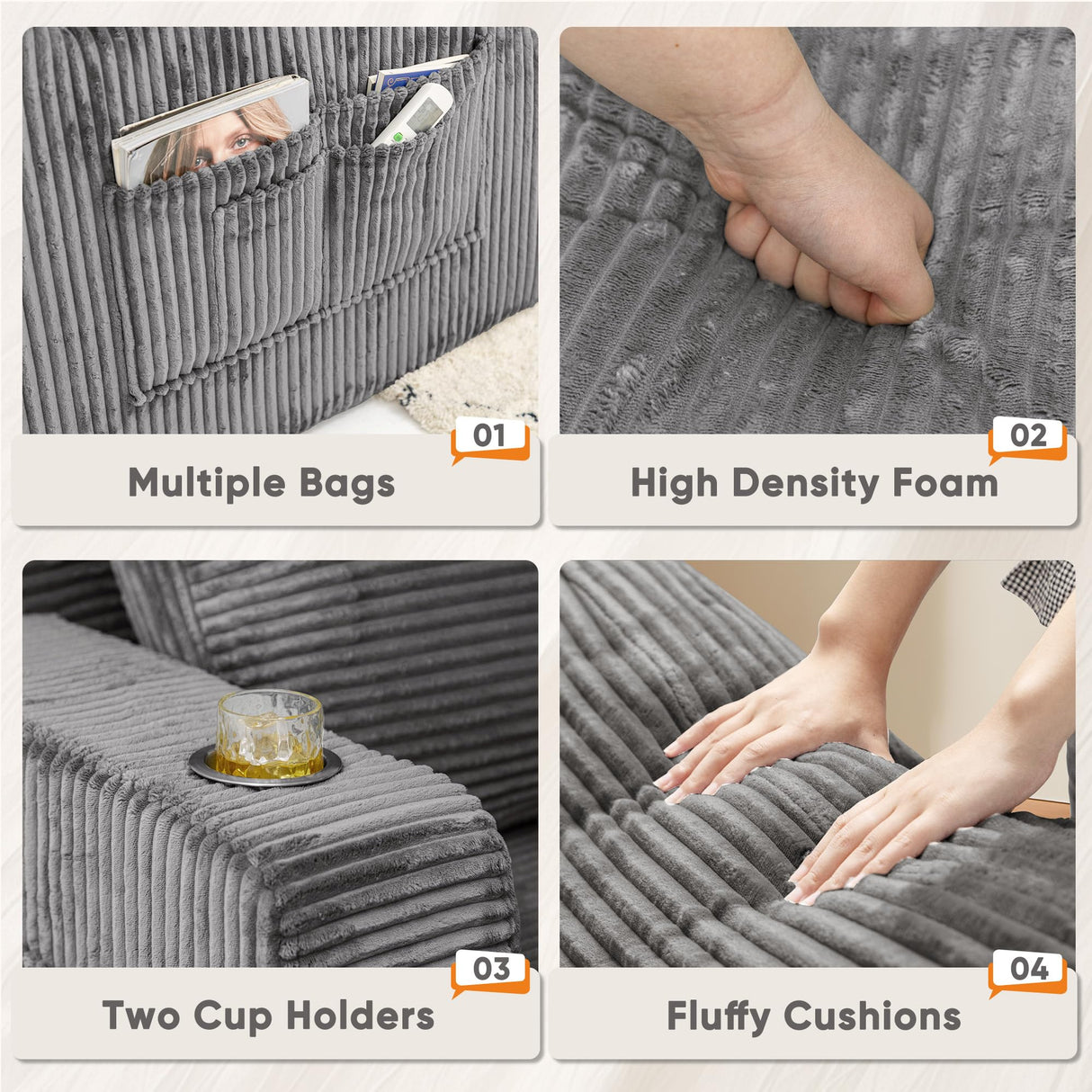 Homall Oversized Chaise Lounge Chair, Cloud Couch with Fluffy Upholstered, Deep Seat Sleeper Sofa Bed with Two Cup Holders, Comfy Boneless Couch No Assembly Required for Living Room, Apartment (Grey) Homall