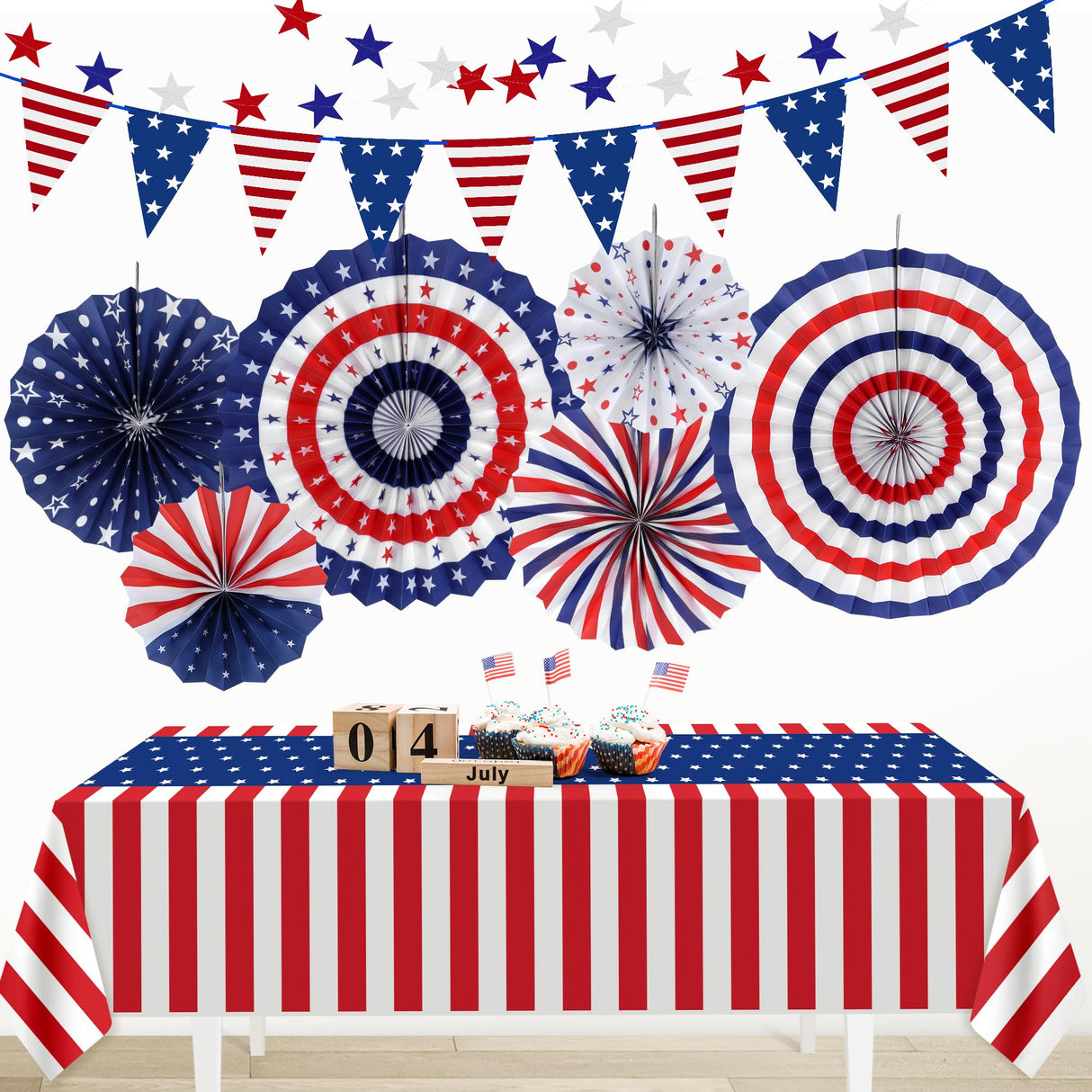 HOOSUN Patriotic 4th of July Decorations Set, 9 Pcs Red White and Blue Paper Fans, USA Pennant Bunting, Star Streamers, Patriotic Tablecloth for Fourth of July Party Supplies, Memorial Day Decor HOOSUN