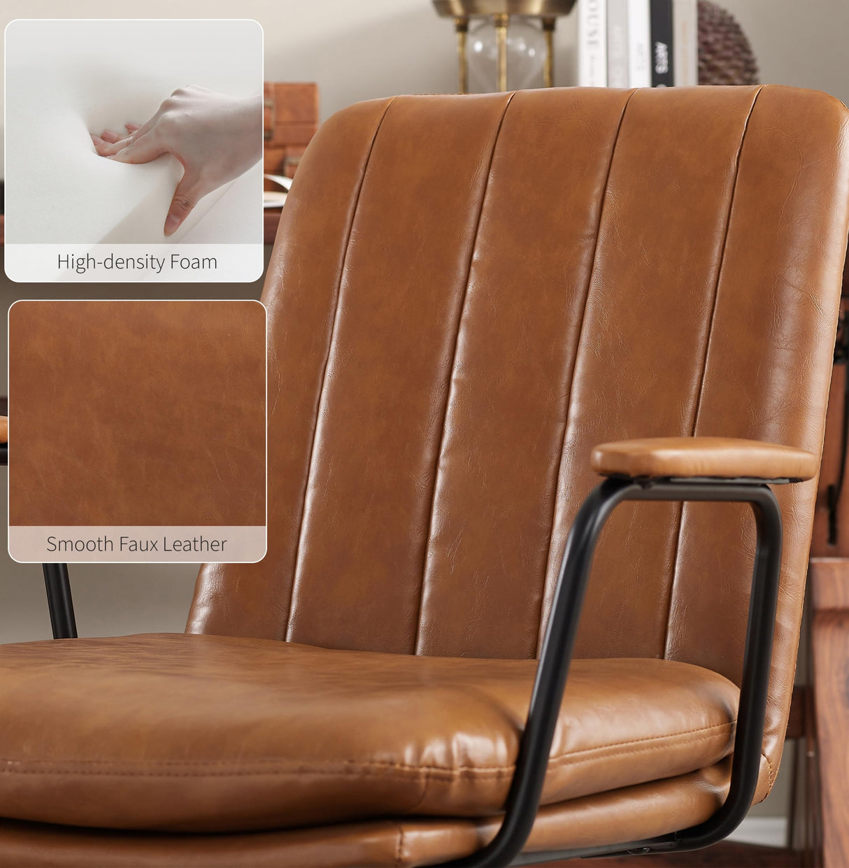 Zouron Swivel Mid Century Modern Office Chair, Ergonomic Desk Chair for Living Room, Computer Chair PU Leather Home Office Chair with Oak Wood Legs, Yellow Brown, No Wheel Zouron